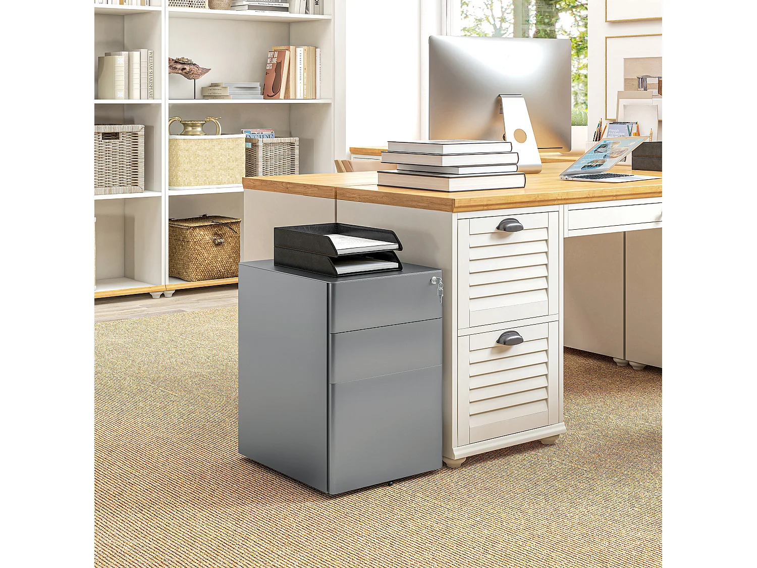 Caisson de bureau rangement bureau sur roulettes 3 tiroirs coulissants verrouillables trieur à dossiers dim. 39L x 48I x 59H cm acier gris