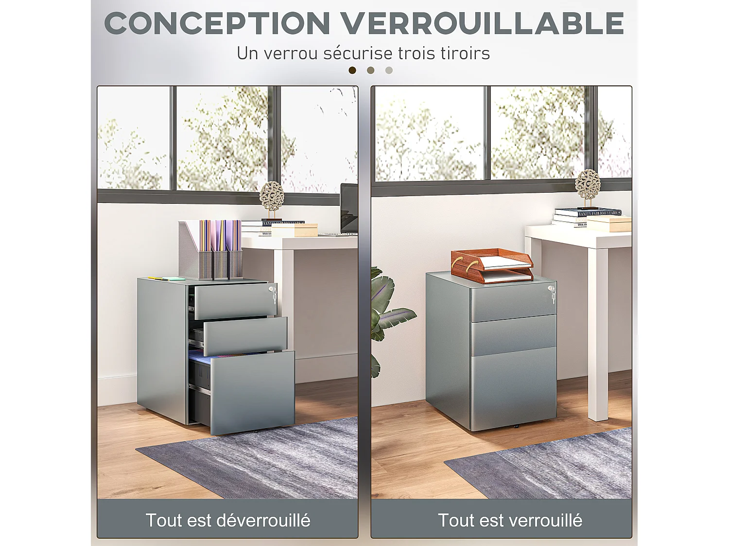 Caisson de bureau rangement bureau sur roulettes 3 tiroirs coulissants verrouillables trieur à dossiers dim. 39L x 48I x 59H cm acier gris