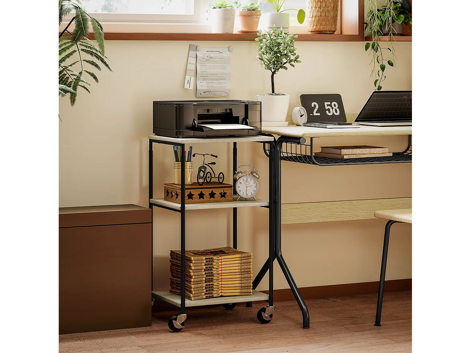 Desserte support d'imprimante 2 étagères et plateau - hauteur réglable - acier noir aspect bois gris