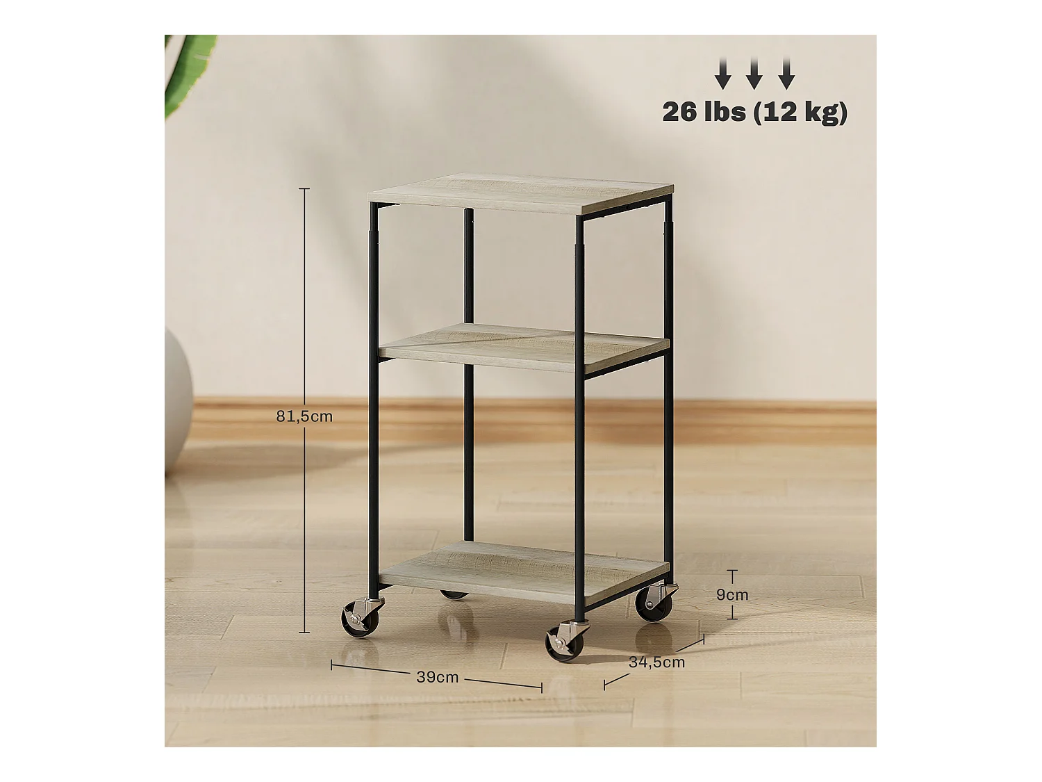 Desserte support d'imprimante 2 étagères et plateau - hauteur réglable - acier noir aspect bois gris