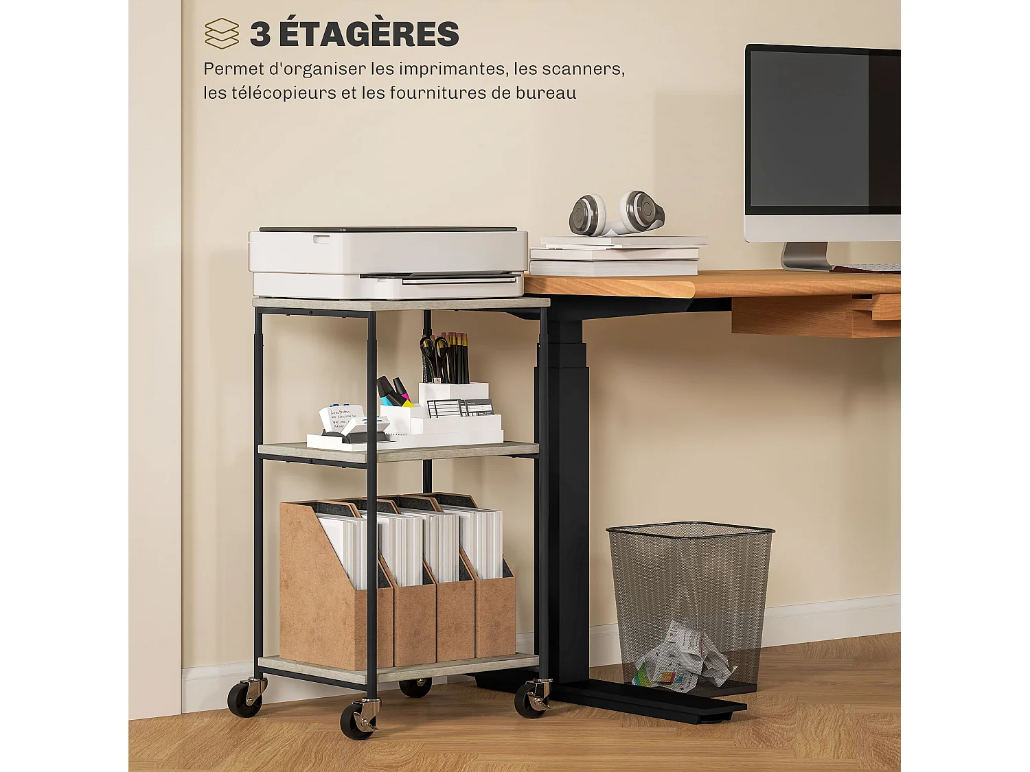 Desserte support d'imprimante 2 étagères et plateau - hauteur réglable - acier noir aspect bois gris