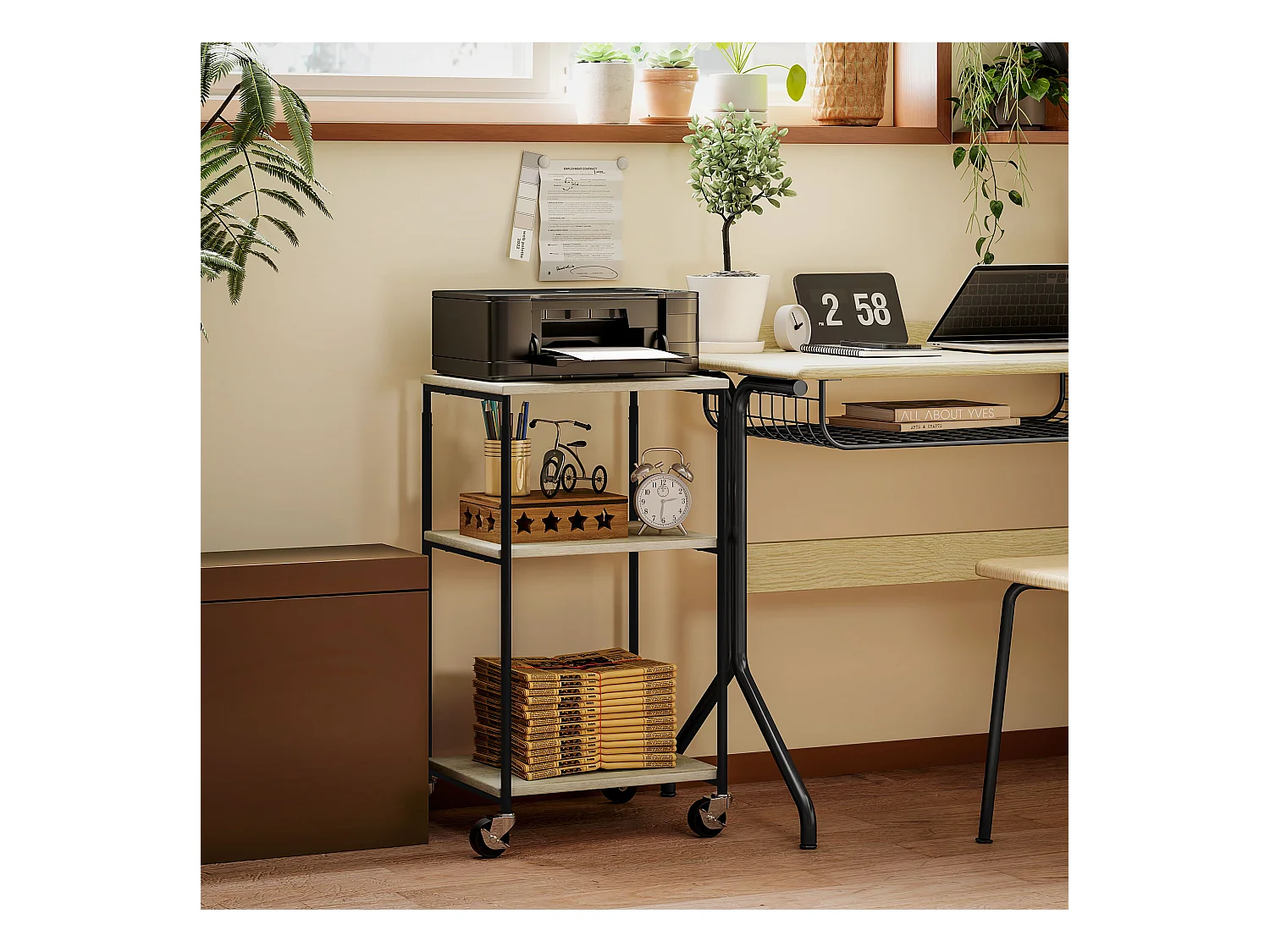 Desserte support d'imprimante 2 étagères et plateau - hauteur réglable - acier noir aspect bois gris