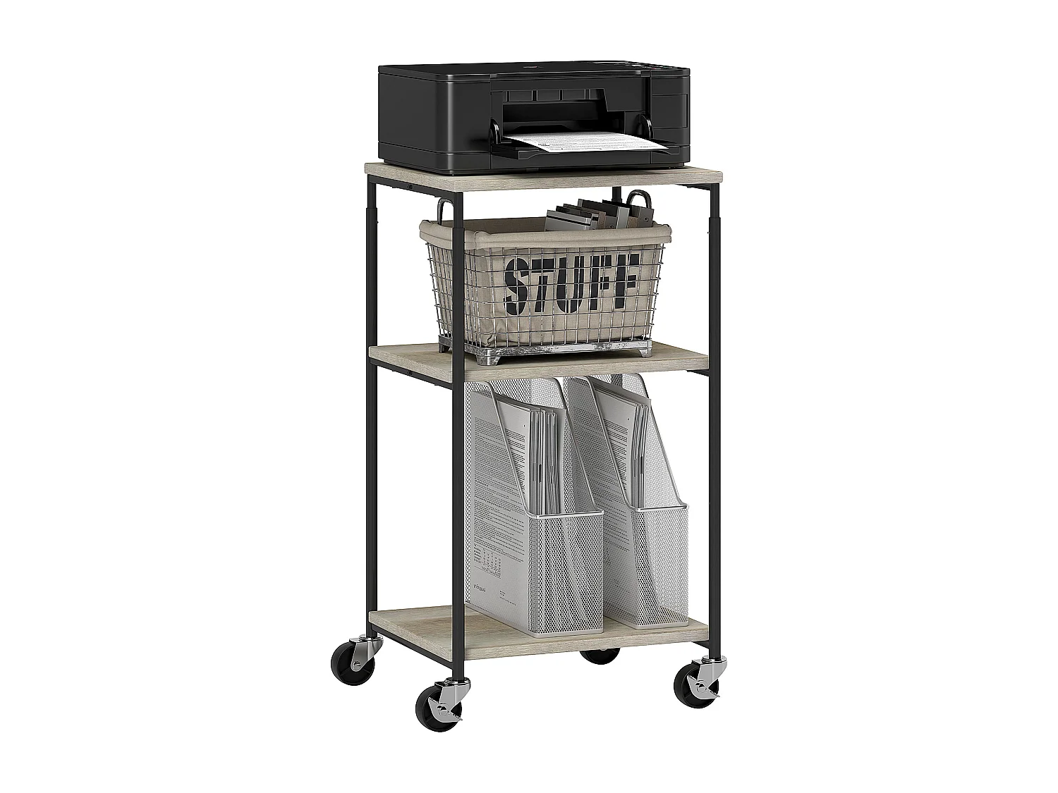 Desserte support d'imprimante 2 étagères et plateau - hauteur réglable - acier noir aspect bois gris