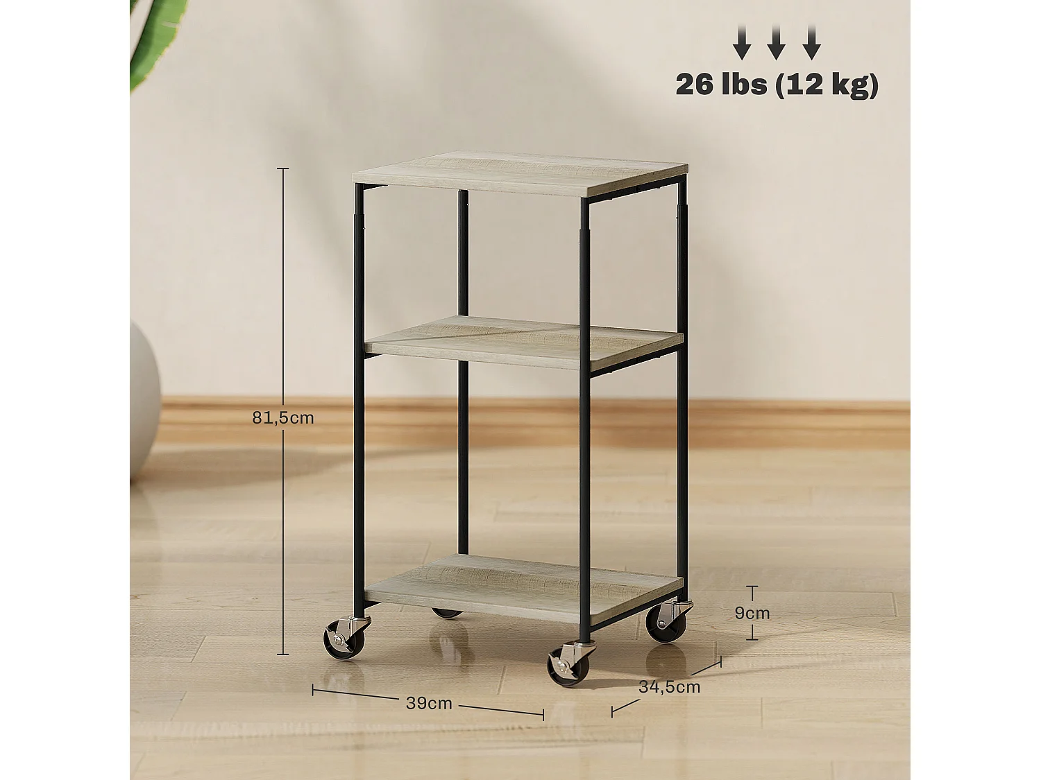 Desserte support d'imprimante 2 étagères et plateau - hauteur réglable - acier noir aspect bois gris