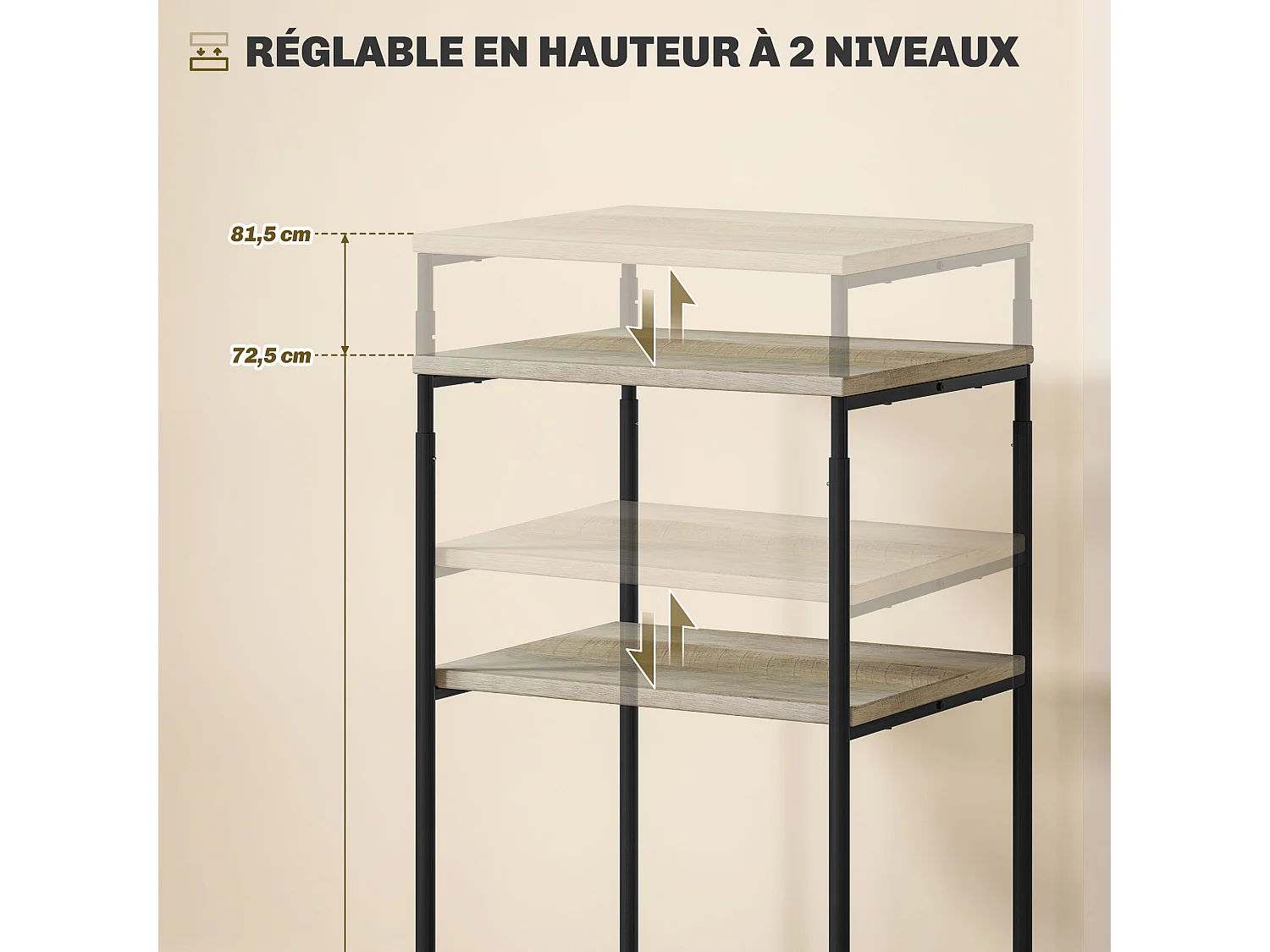 Desserte support d'imprimante 2 étagères et plateau - hauteur réglable - acier noir aspect bois gris