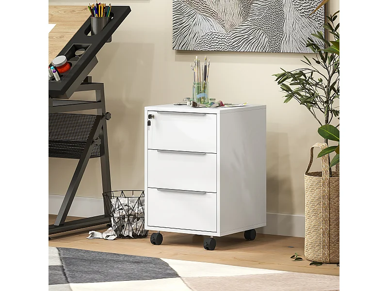 Caisson de bureau rangement bureau sur roulettes 3 tiroirs verrouillables 2 clés fournies panneaux blanc