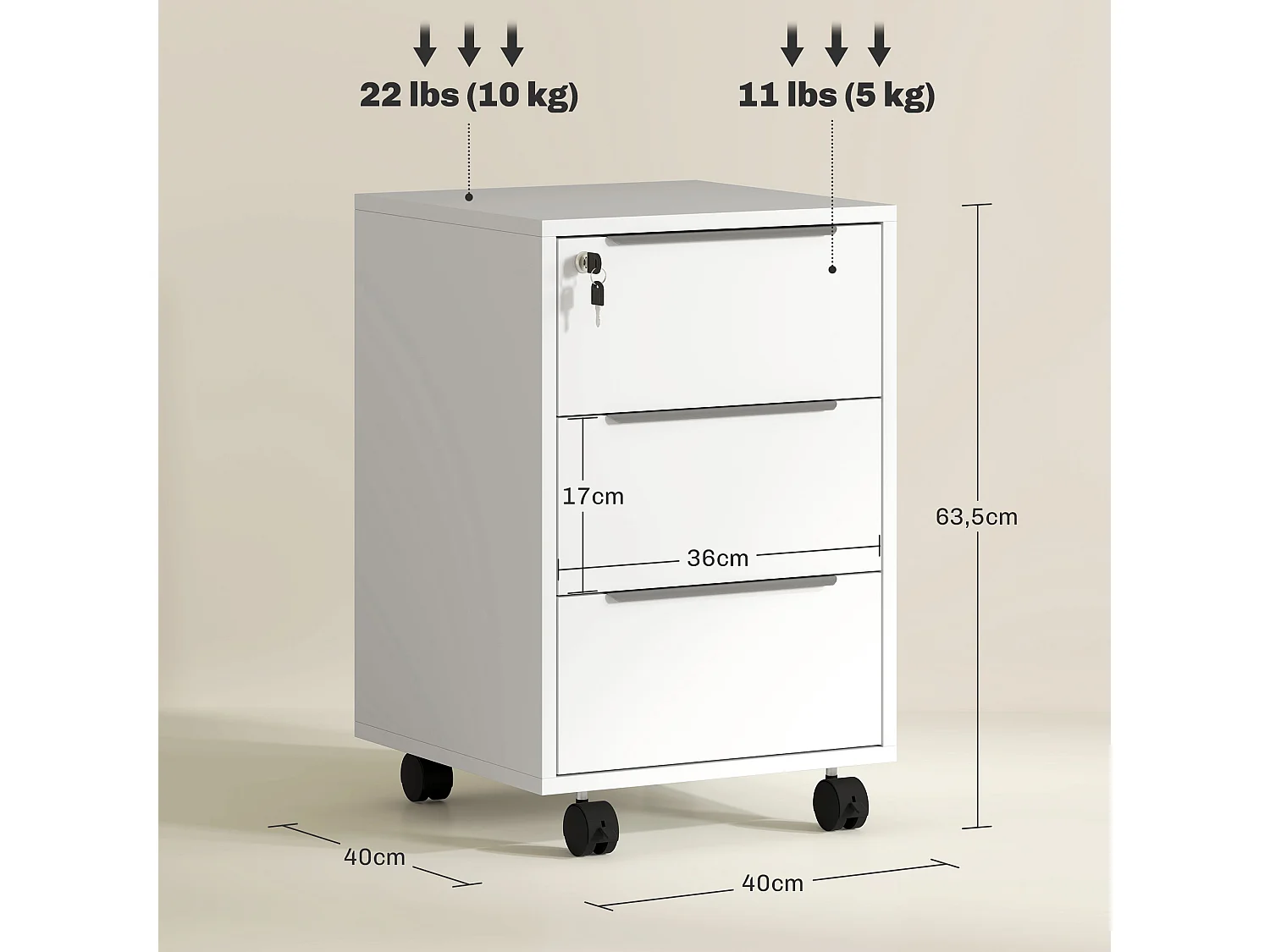 Caisson de bureau rangement bureau sur roulettes 3 tiroirs verrouillables 2 clés fournies panneaux blanc