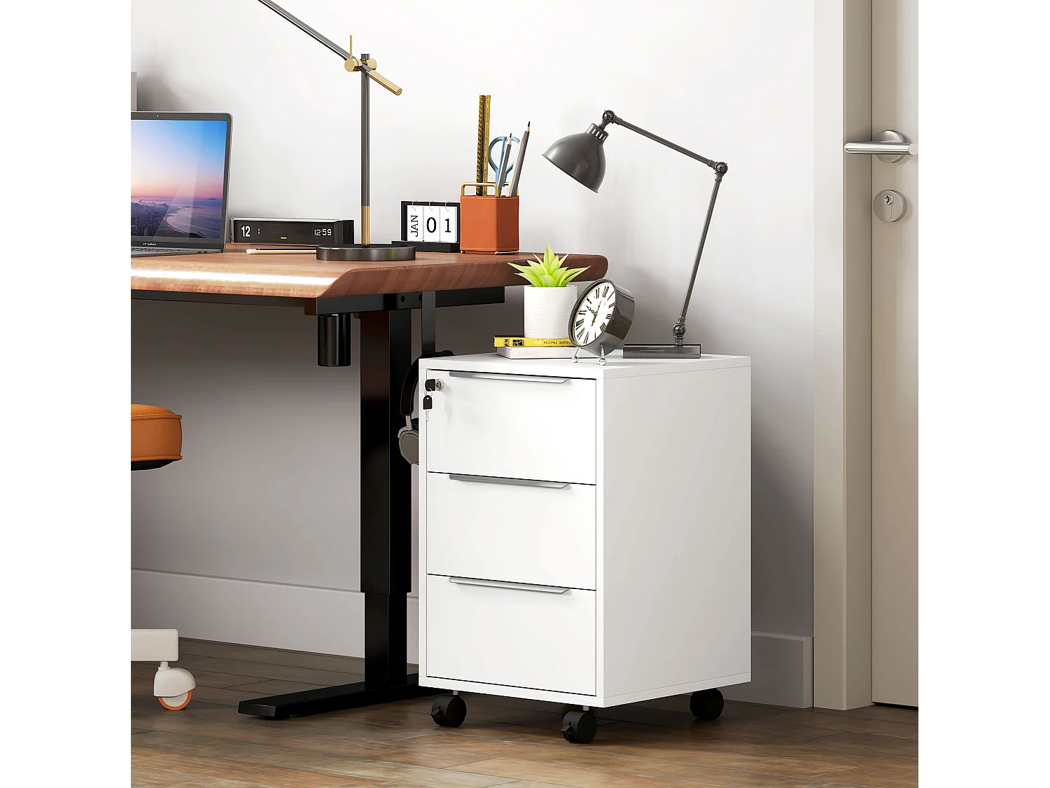 Caisson de bureau rangement bureau sur roulettes 3 tiroirs verrouillables 2 clés fournies panneaux blanc