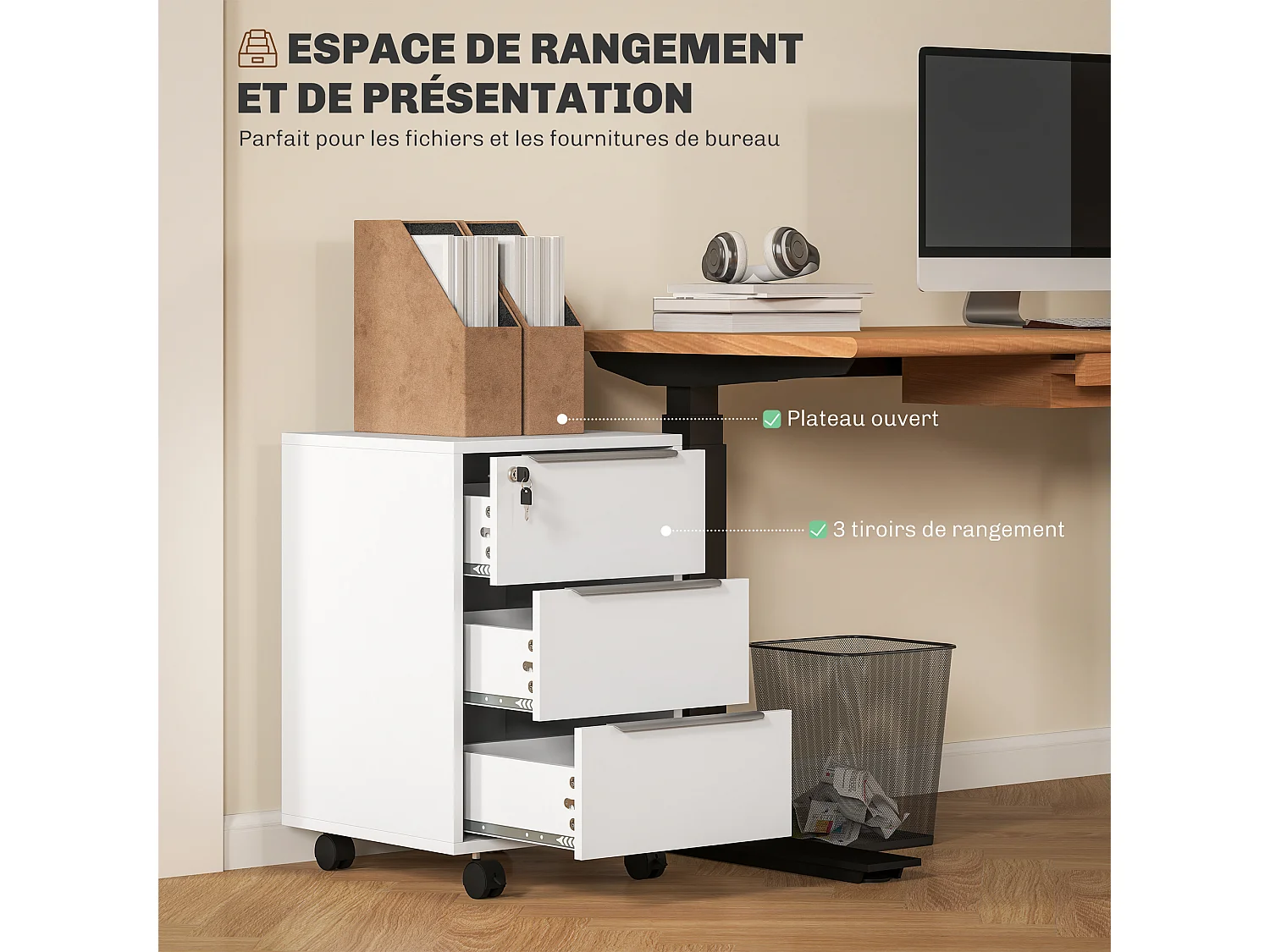 Caisson de bureau rangement bureau sur roulettes 3 tiroirs verrouillables 2 clés fournies panneaux blanc