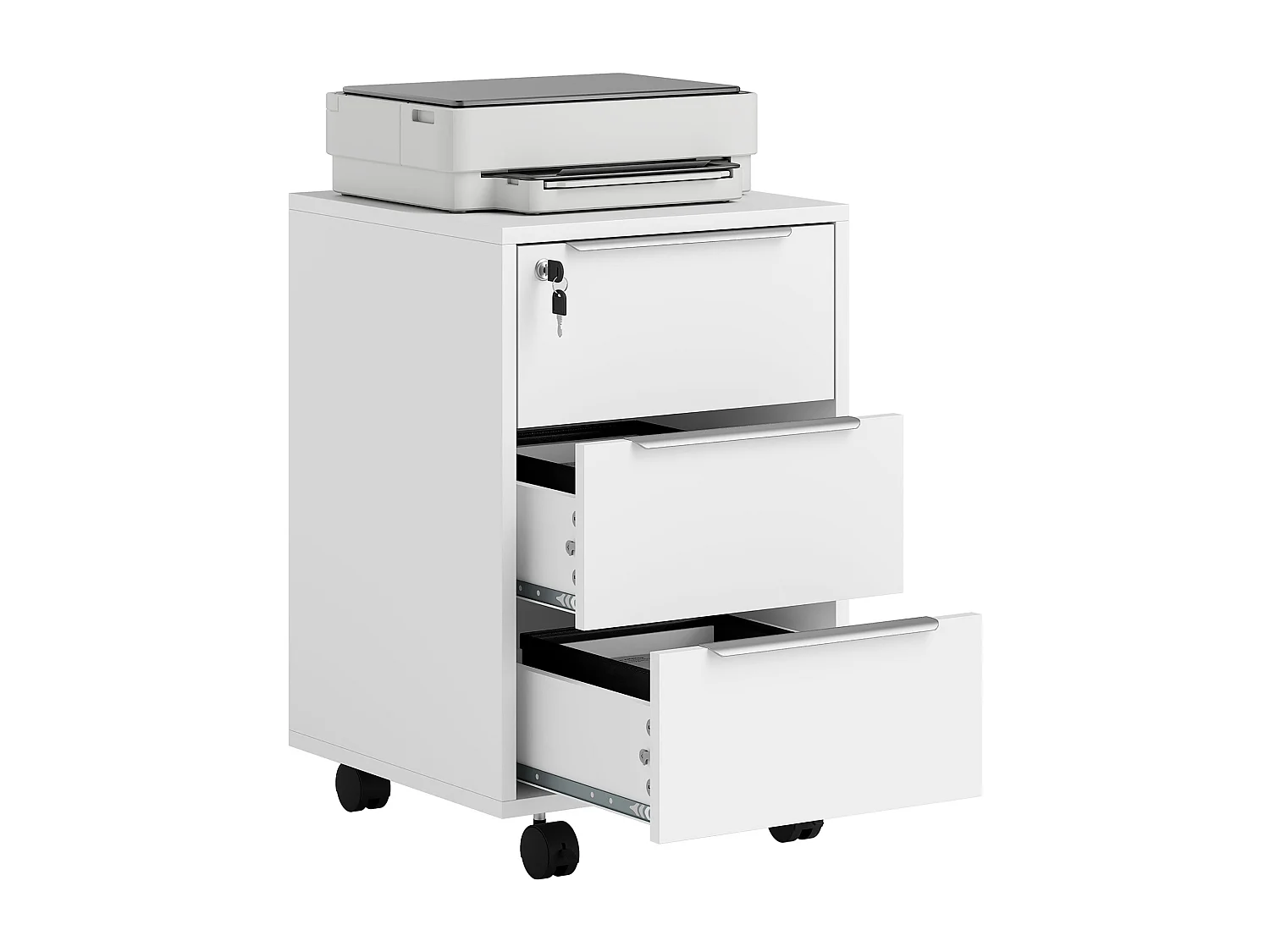 Caisson de bureau rangement bureau sur roulettes 3 tiroirs verrouillables 2 clés fournies panneaux blanc