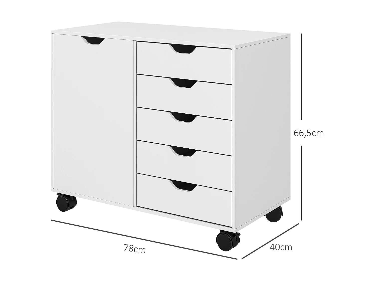 Caisson rangement bureau support d'imprimante 5 tiroirs porte étagère dim. 78L x 40l x 66H cm blanc
