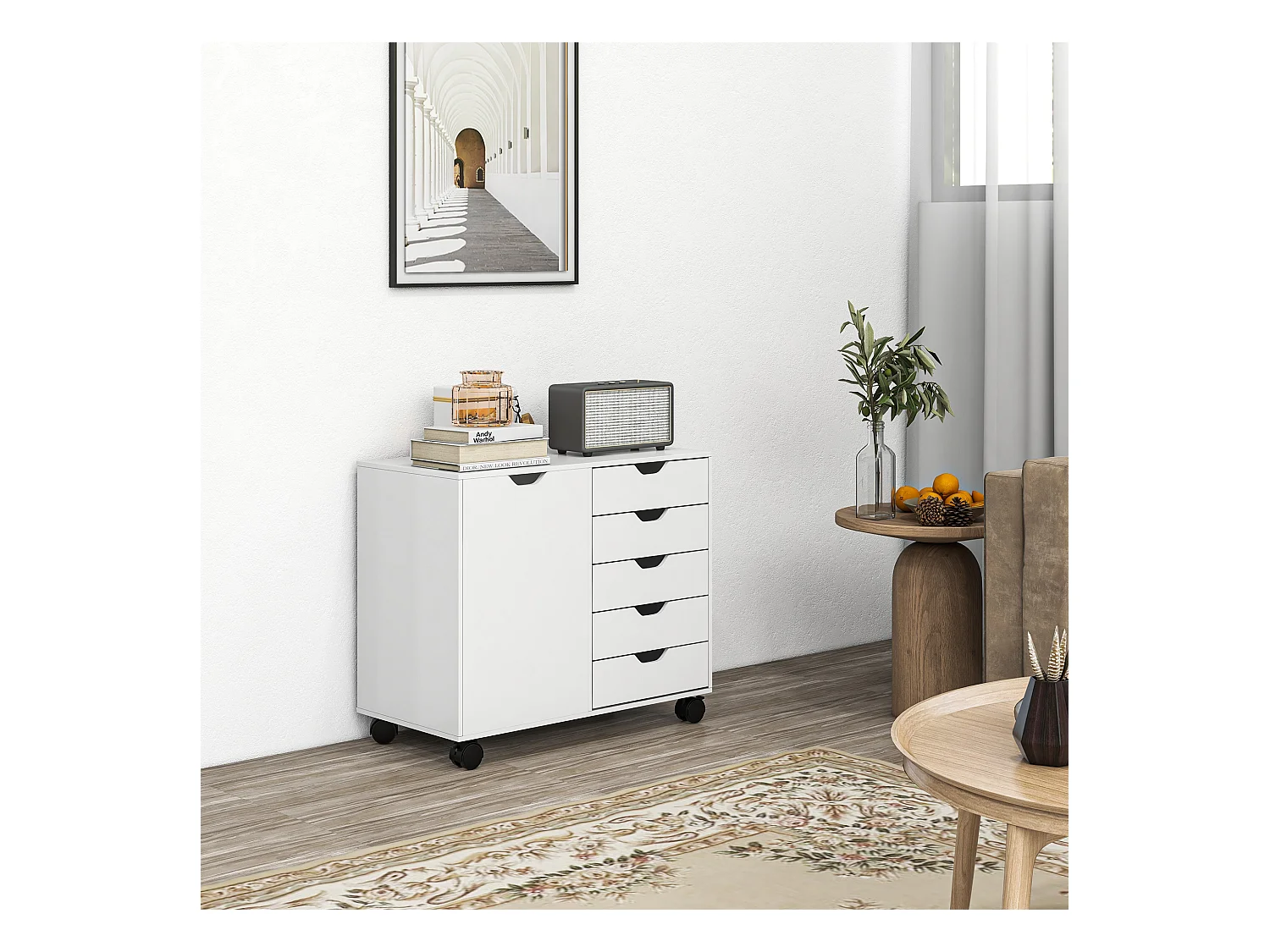 Caisson rangement bureau support d'imprimante 5 tiroirs porte étagère dim. 78L x 40l x 66H cm blanc