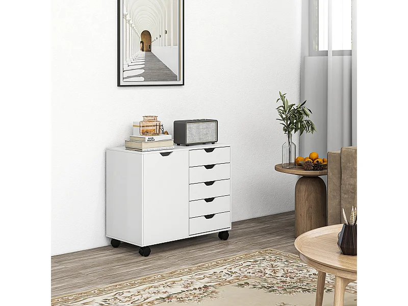 Caisson rangement bureau support d'imprimante 5 tiroirs porte étagère dim. 78L x 40l x 66H cm blanc