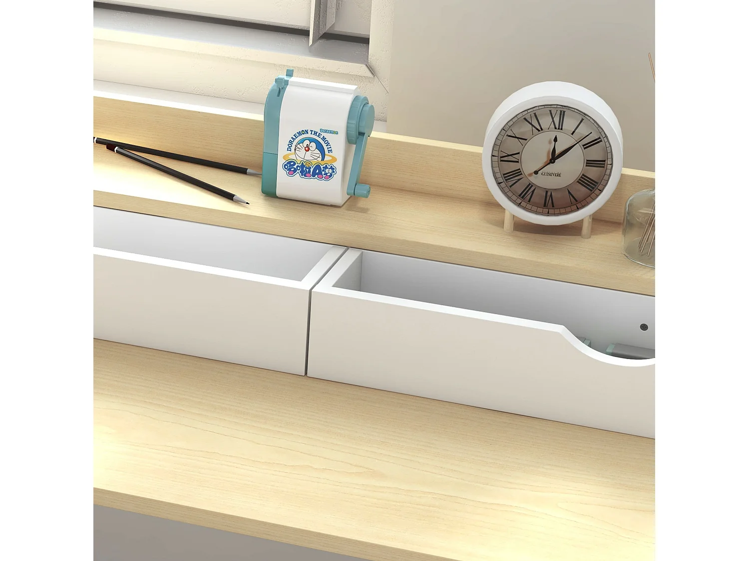 Bureau secrétaire style contemporain - 2 tiroirs, étagère - acier blanc aspect bois clair