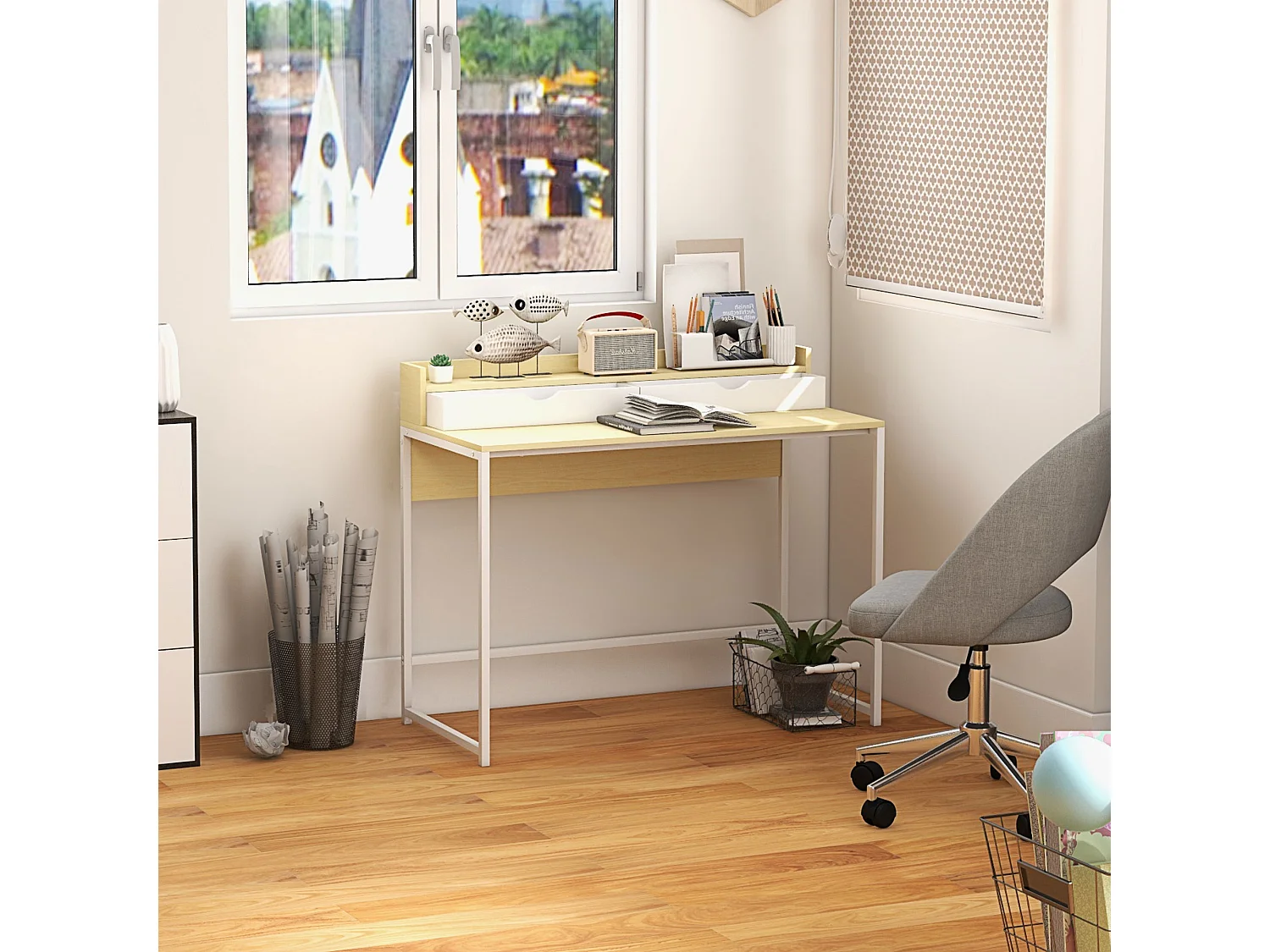 Bureau secrétaire style contemporain - 2 tiroirs, étagère - acier blanc aspect bois clair