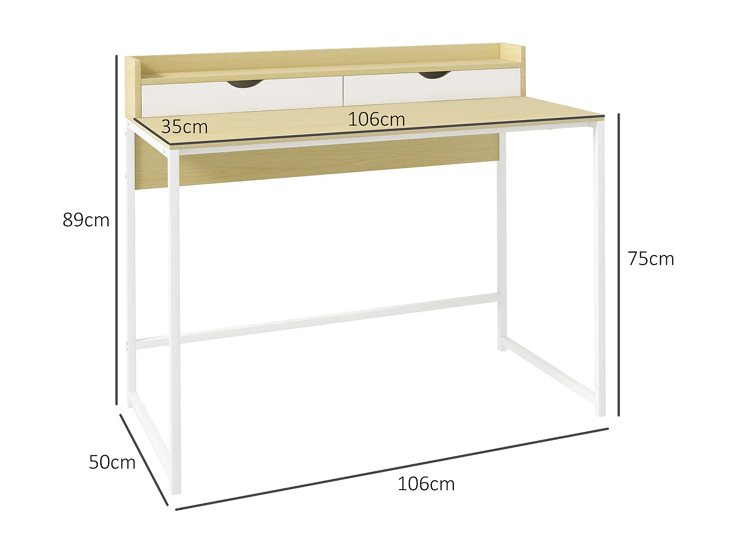 Bureau secrétaire style contemporain - 2 tiroirs, étagère - acier blanc aspect bois clair