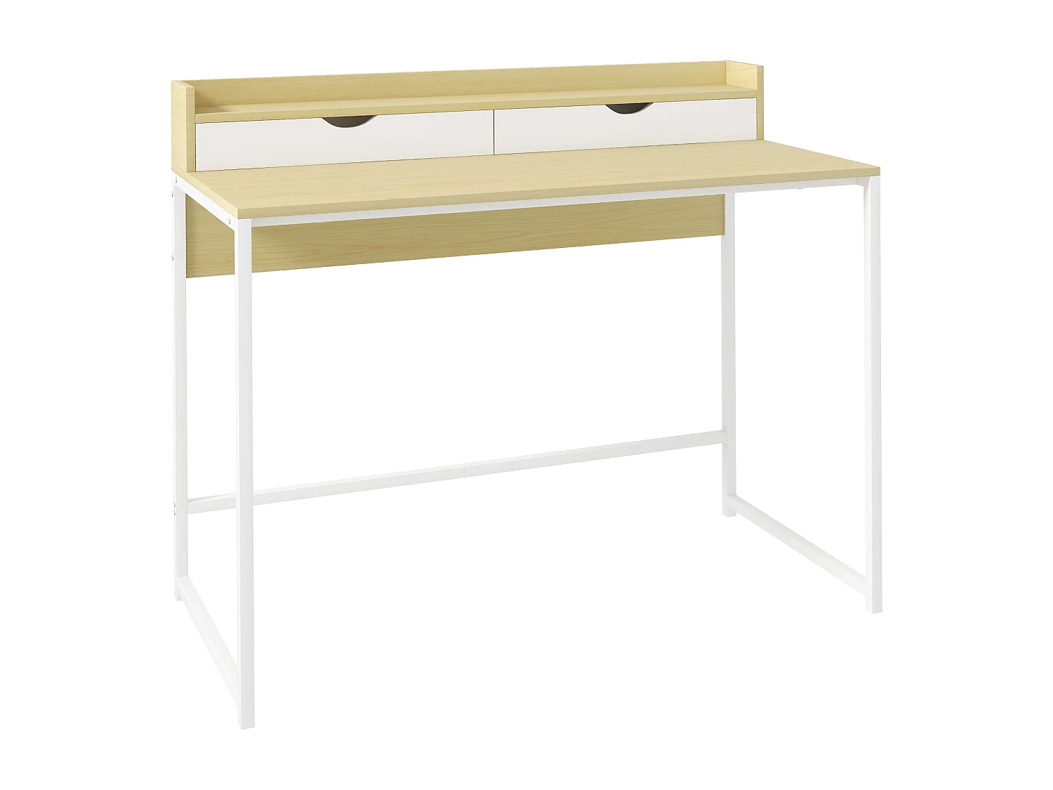 Bureau secrétaire style contemporain - 2 tiroirs, étagère - acier blanc aspect bois clair