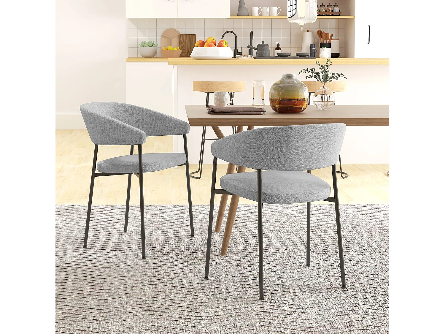 Lot de 2 chaises de salle à manger piètement acier tissu aspect lin gris clair