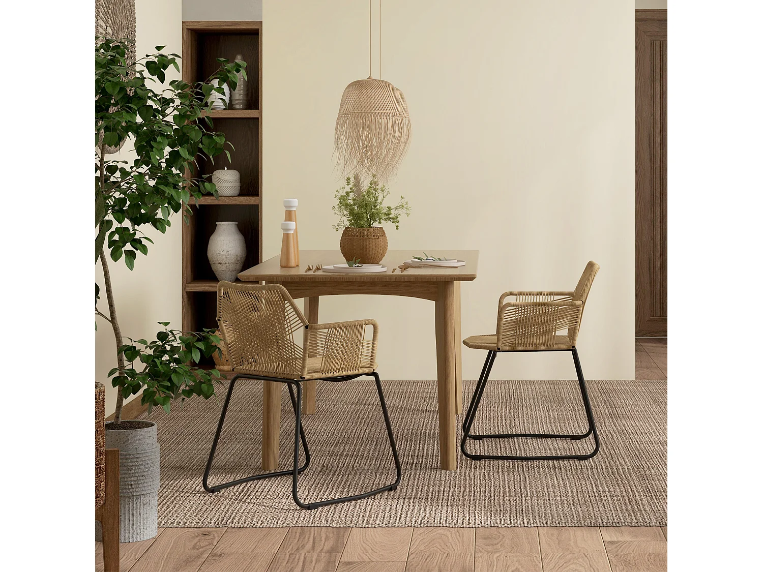 Lot de 2 chaises salle à manger design piètement acier noir résine filaire aspect rotin