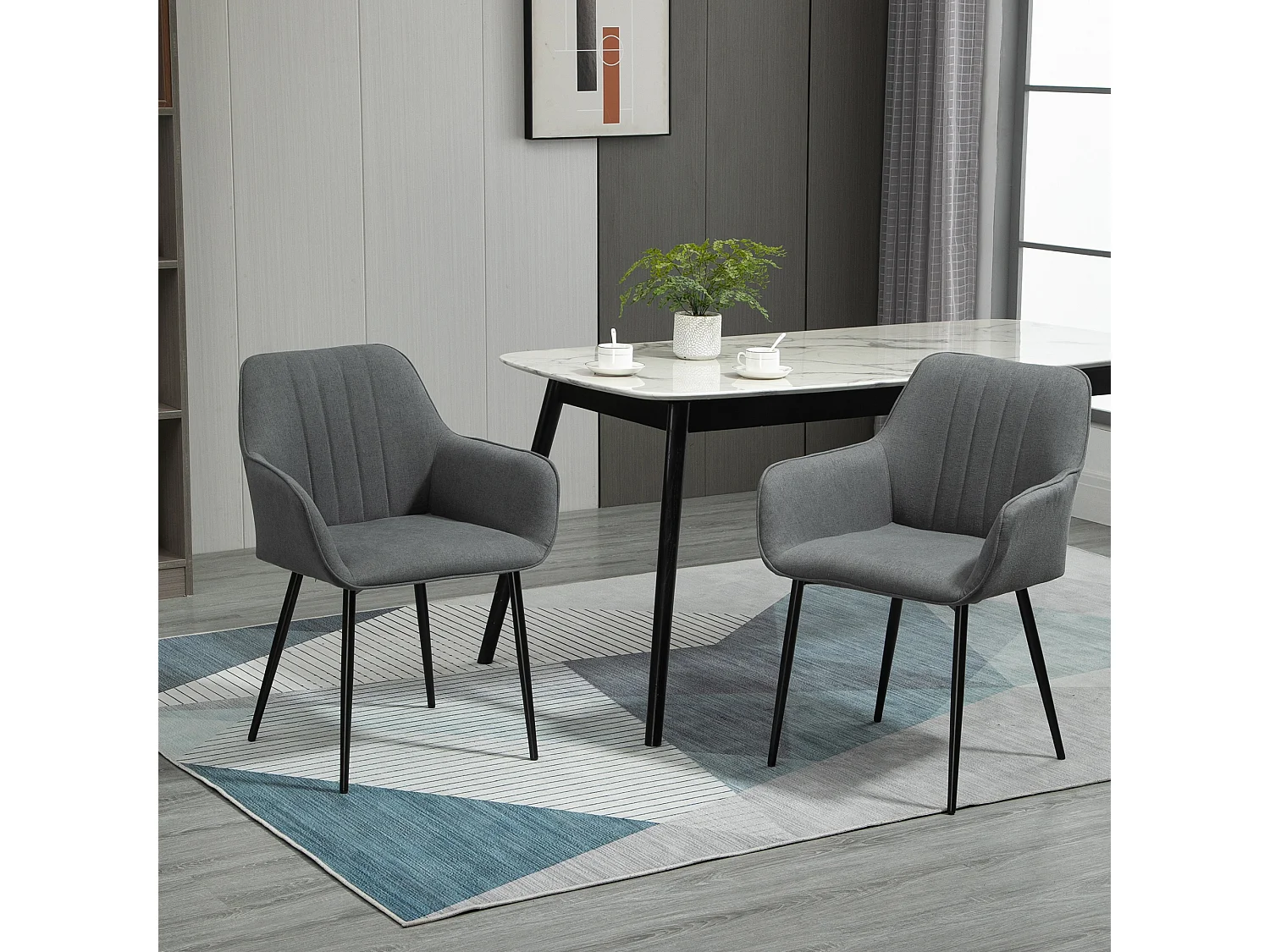 Chaises de visiteur design scandinave - lot de 2 chaises - pieds effilés métal noir - assise dossier accoudoirs ergonomiques lin anthracite