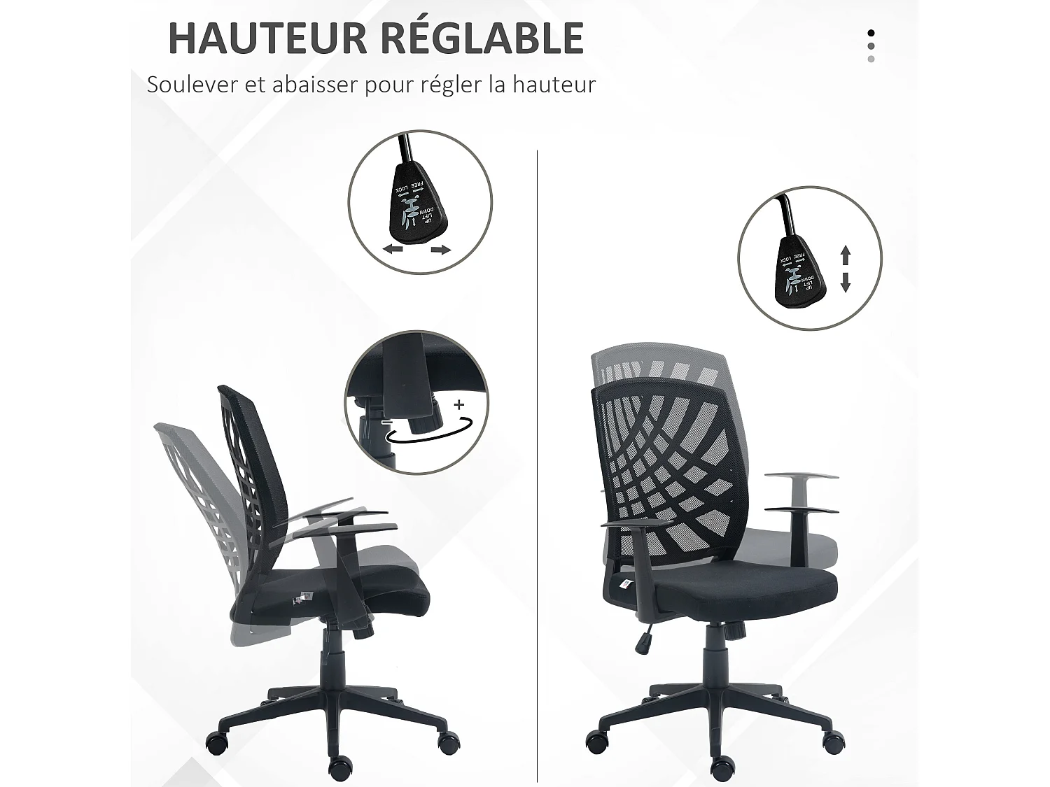 Chaise de bureau design ergonomique réglable accoudoirs maille noir