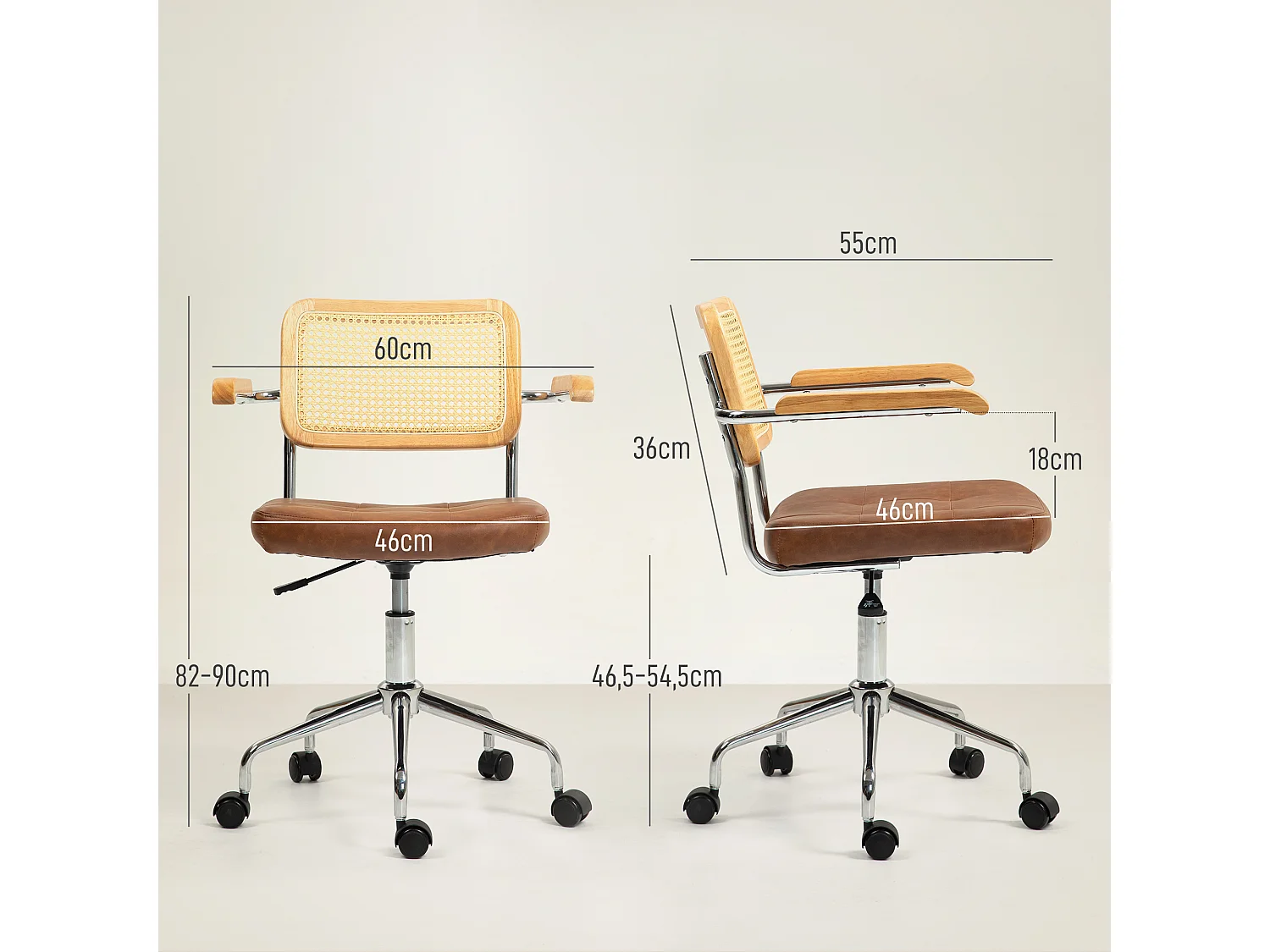Chaise de bureau style vintage - réglable, pivotante - acier chromé bois aspect rotin assise effet capitonné