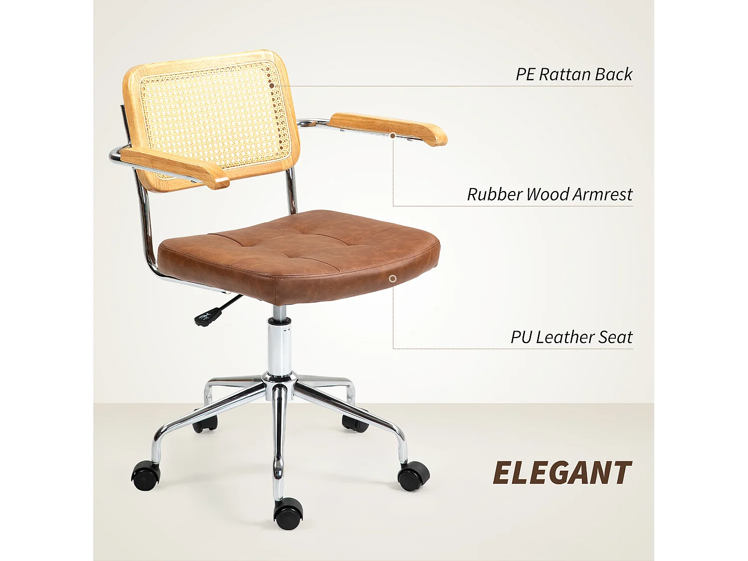 Chaise de bureau style vintage - réglable, pivotante - acier chromé bois aspect rotin assise effet capitonné