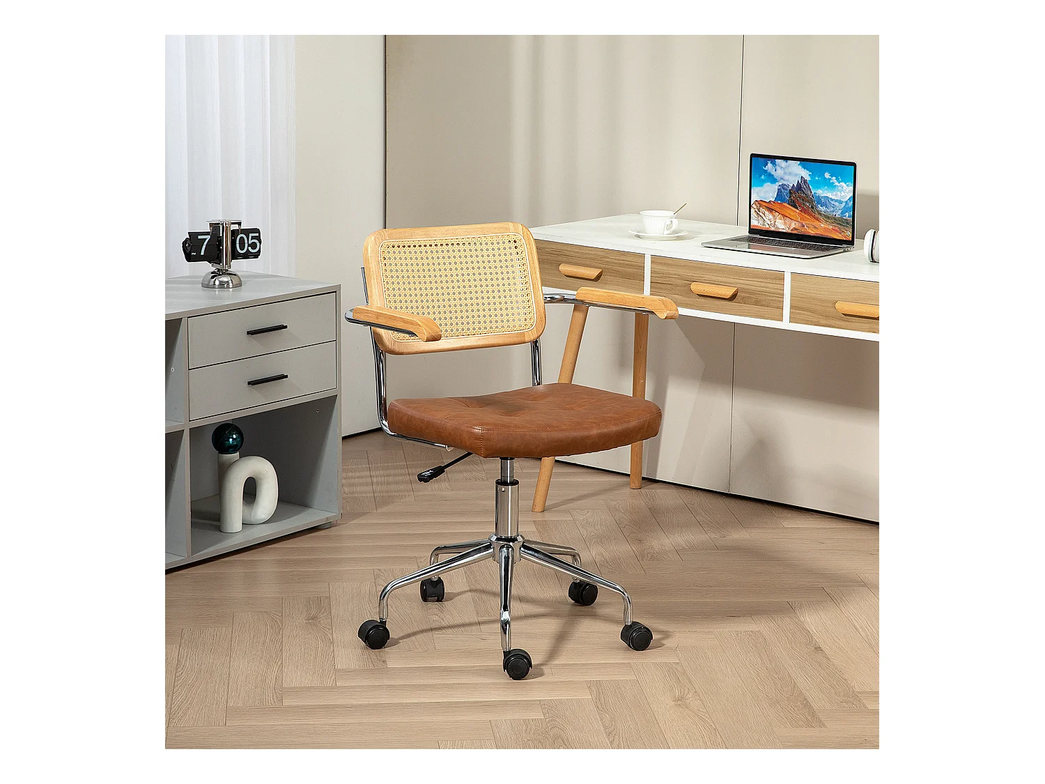 Chaise de bureau style vintage - réglable, pivotante - acier chromé bois aspect rotin assise effet capitonné