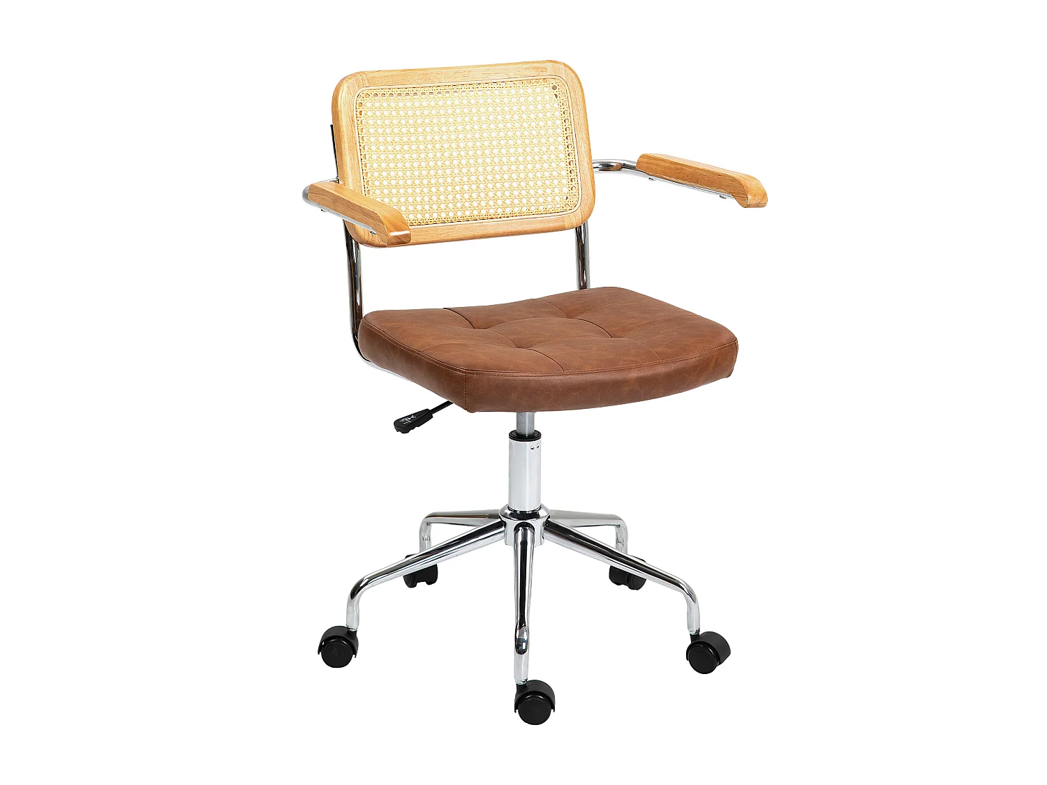 Chaise de bureau style vintage - réglable, pivotante - acier chromé bois aspect rotin assise effet capitonné