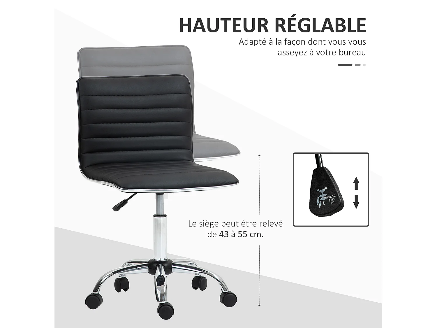 Chaise de bureau design style Chesterfield acier chromé revêtement synthétique noir