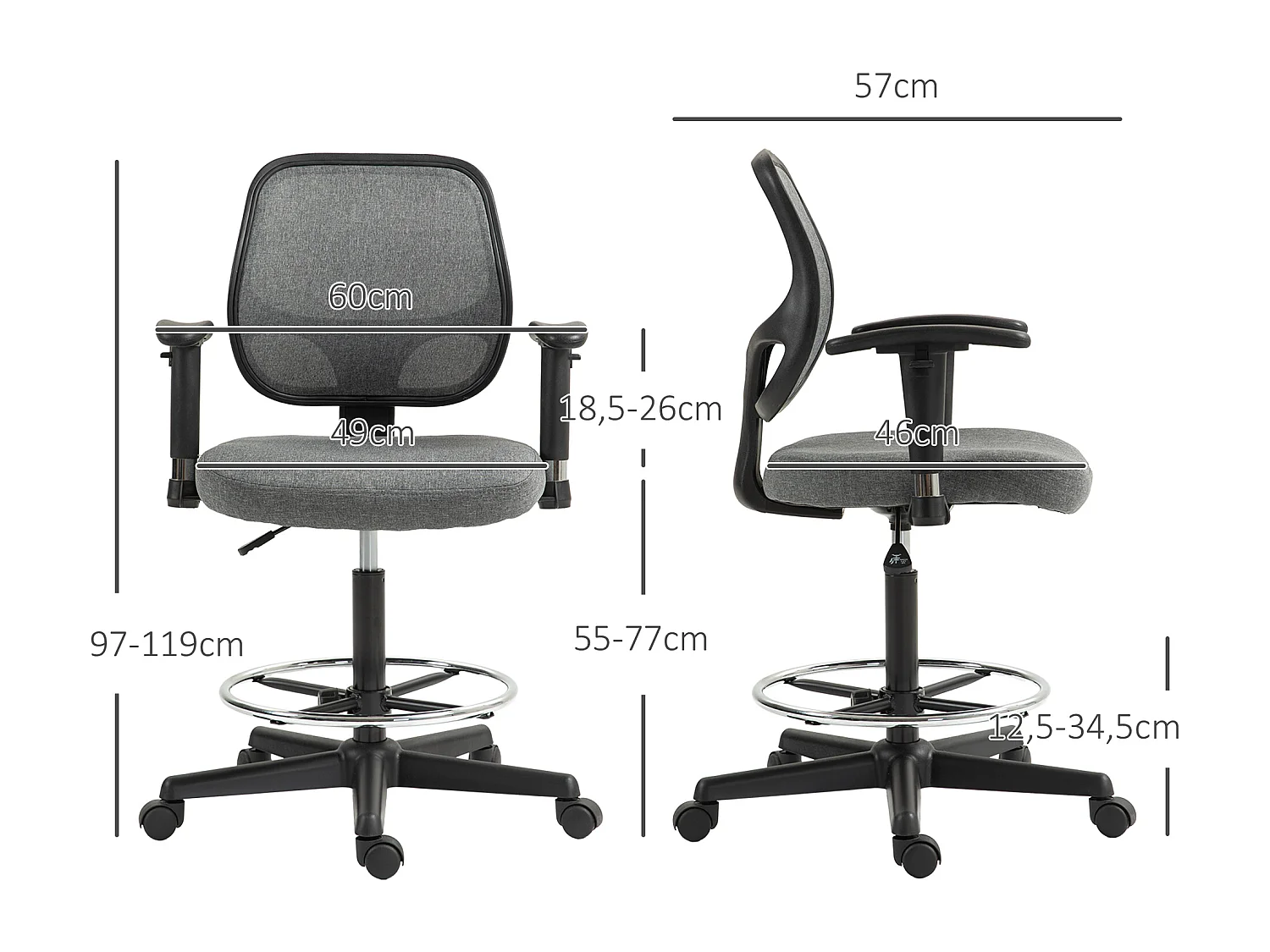 Chaise de bureau assise haute réglable accoudoirs réglables pivotante 360° tissu gris chiné