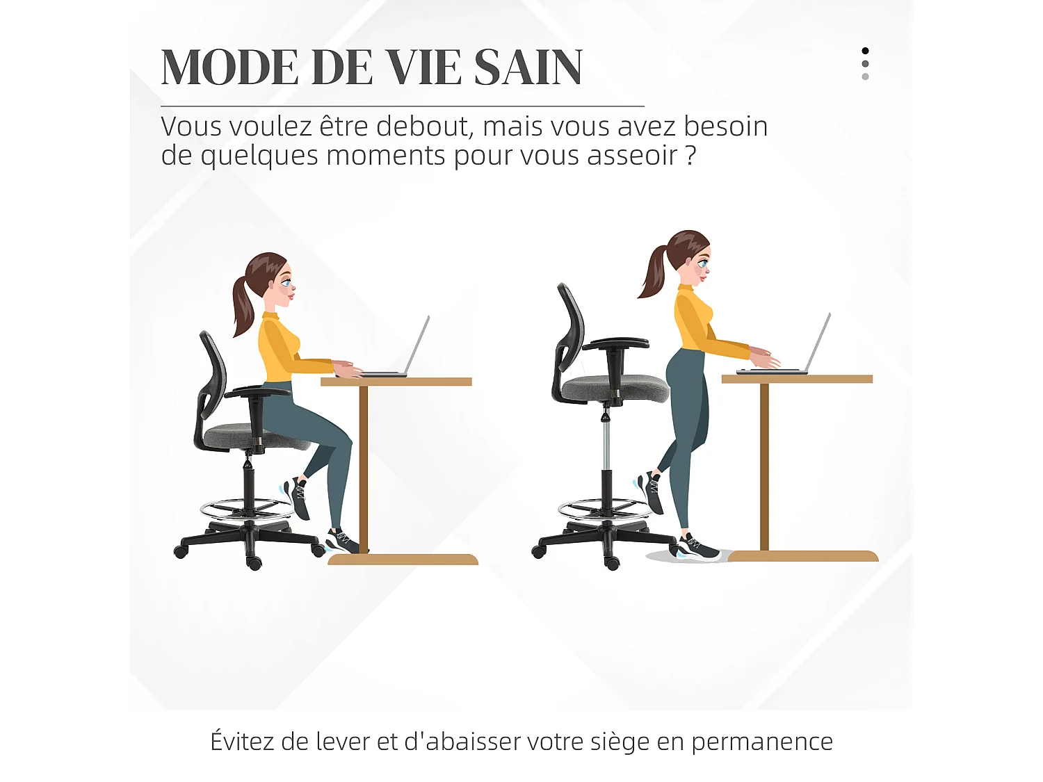 Chaise de bureau assise haute réglable accoudoirs réglables pivotante 360° tissu gris chiné