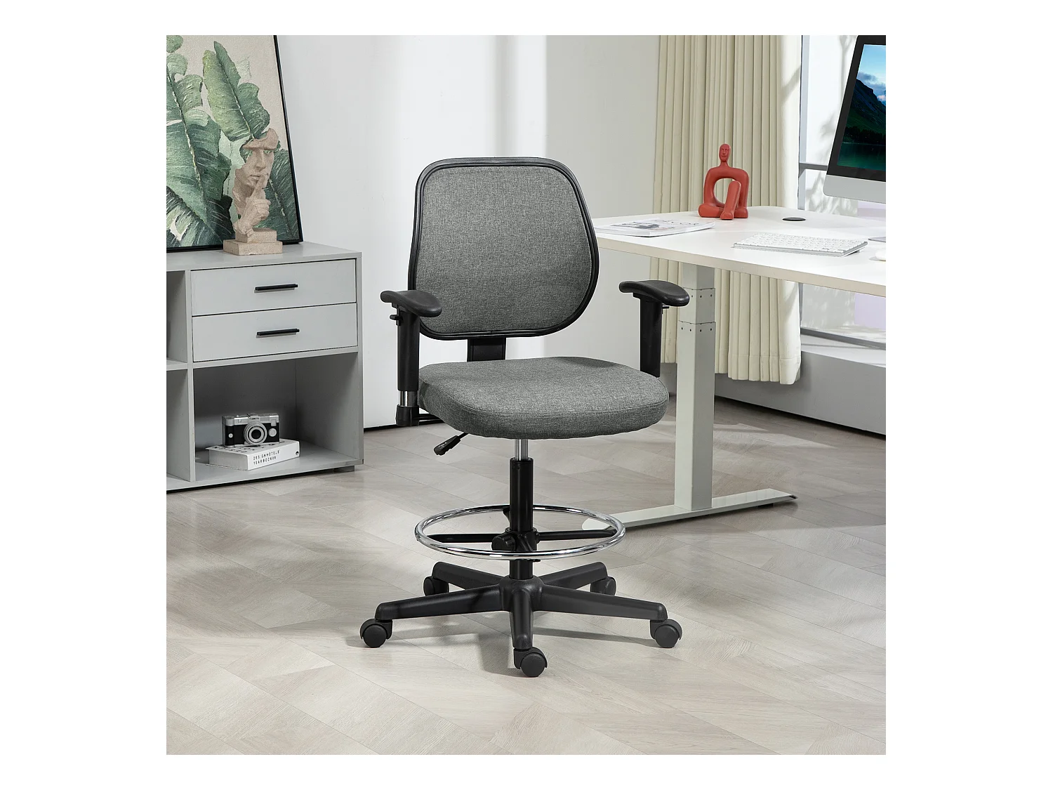 Chaise de bureau assise haute réglable accoudoirs réglables pivotante 360° tissu gris chiné