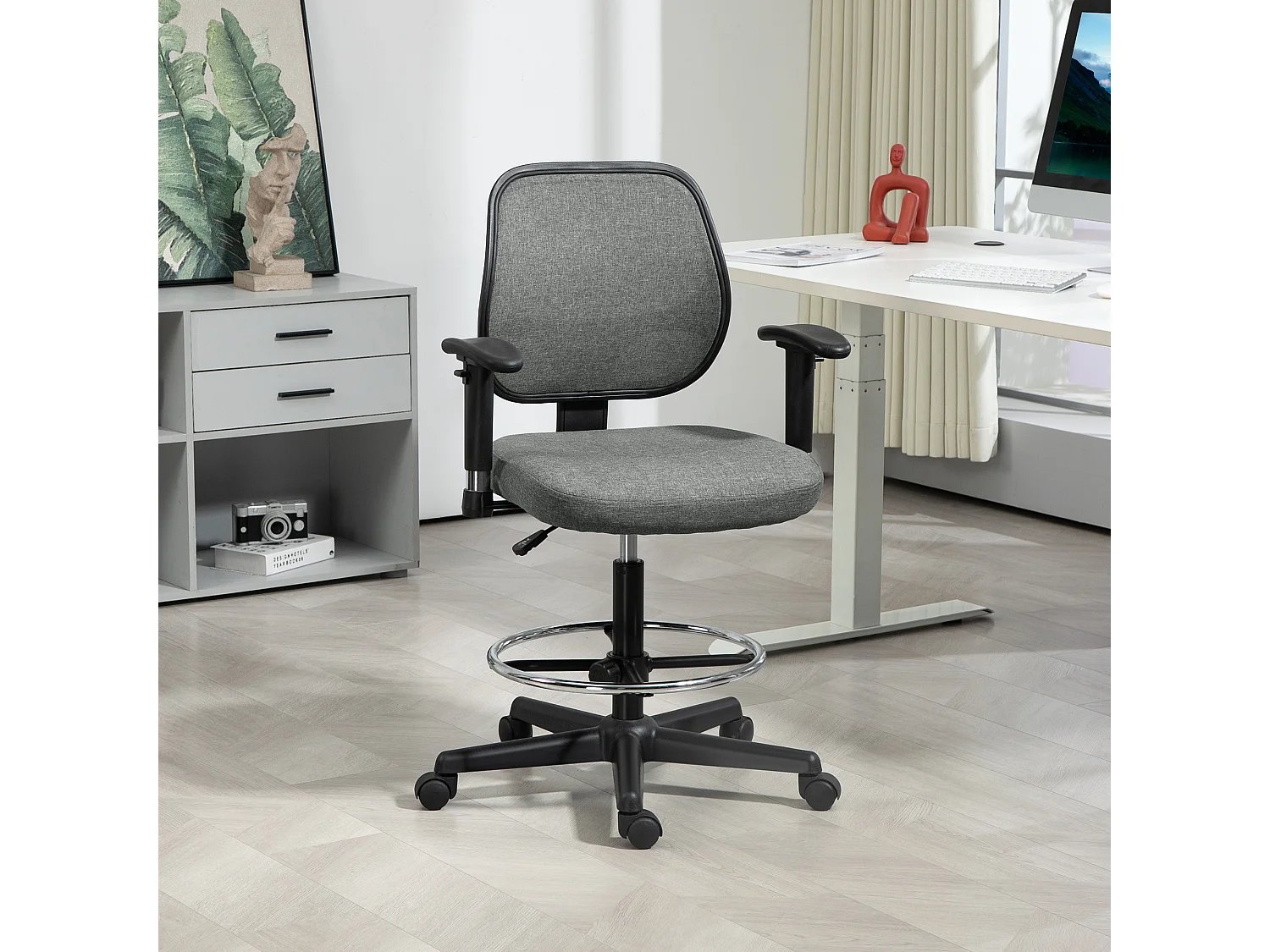 Chaise de bureau assise haute réglable accoudoirs réglables pivotante 360° tissu gris chiné