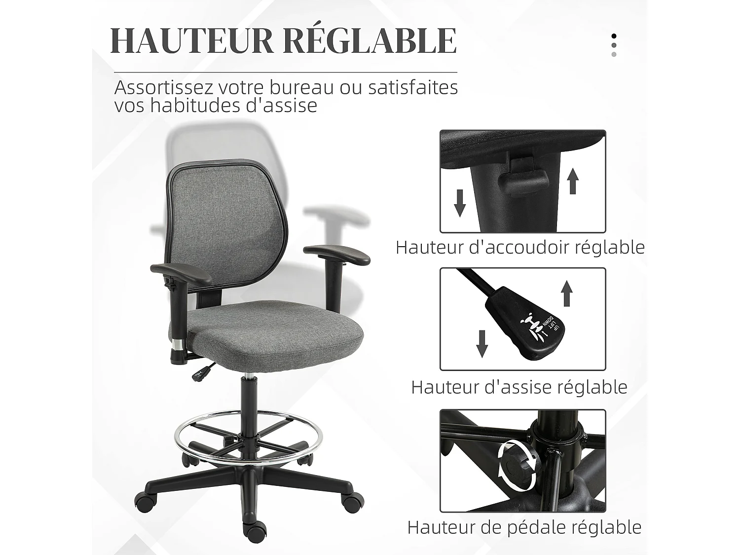 Chaise de bureau assise haute réglable accoudoirs réglables pivotante 360° tissu gris chiné
