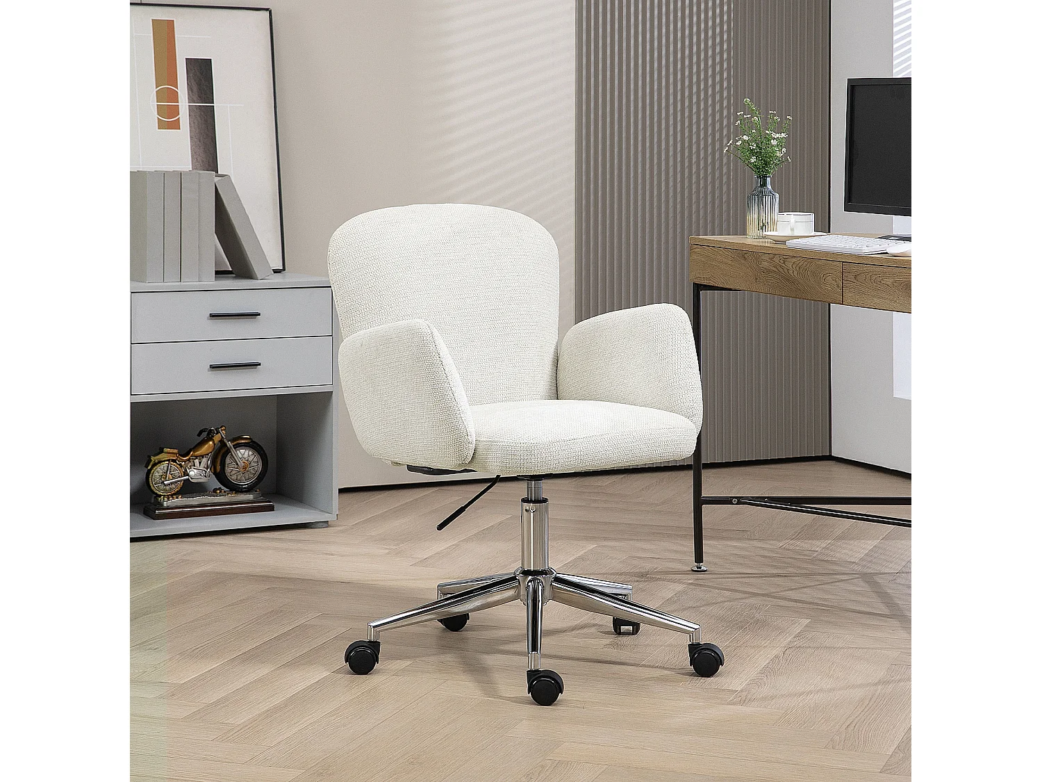 Chaise de bureau design ergonomique réglable pivotante piètement chromé aspect lin écru