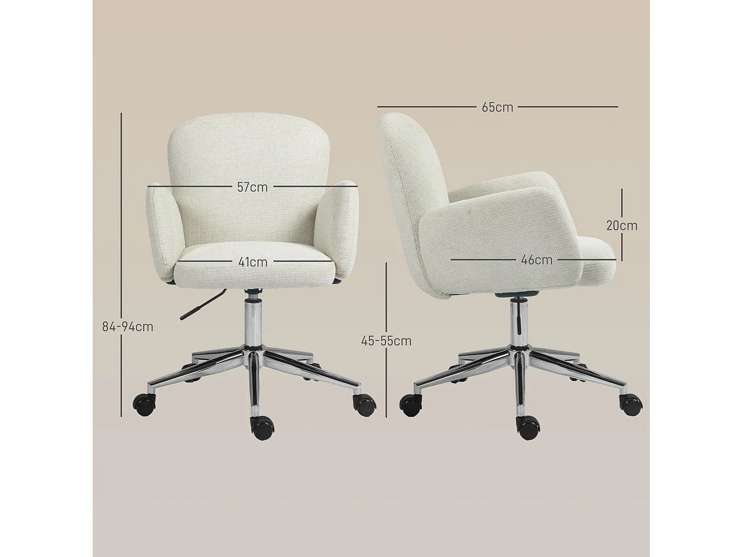 Chaise de bureau design ergonomique réglable pivotante piètement chromé aspect lin écru