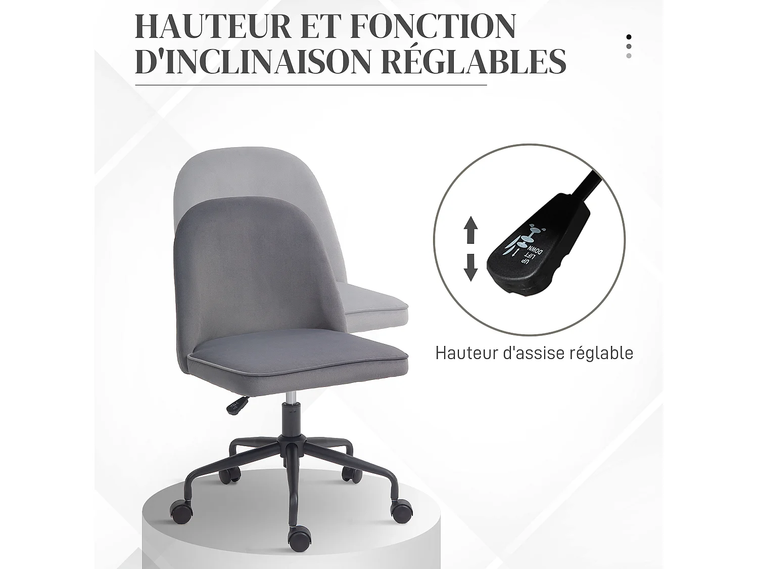 Chaise de bureau design réglable fonction bascule verrouillable aspect velours gris