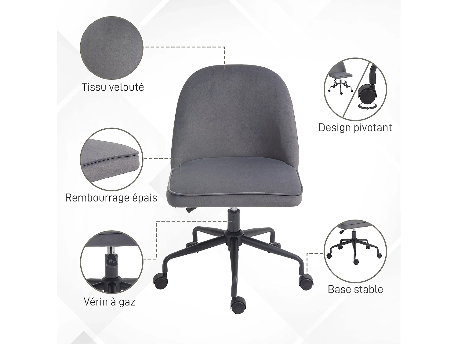 Chaise de bureau design réglable fonction bascule verrouillable aspect velours gris