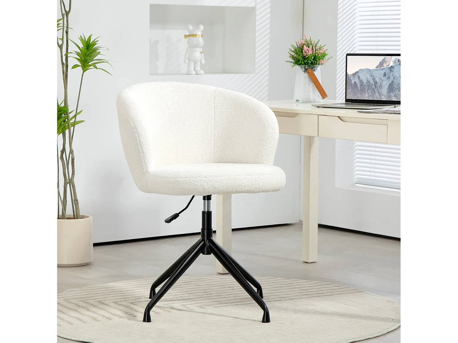 Chaise de bureau design - hauteur réglable, pivotante - piètement acier noir revêtement effet laine bouclée