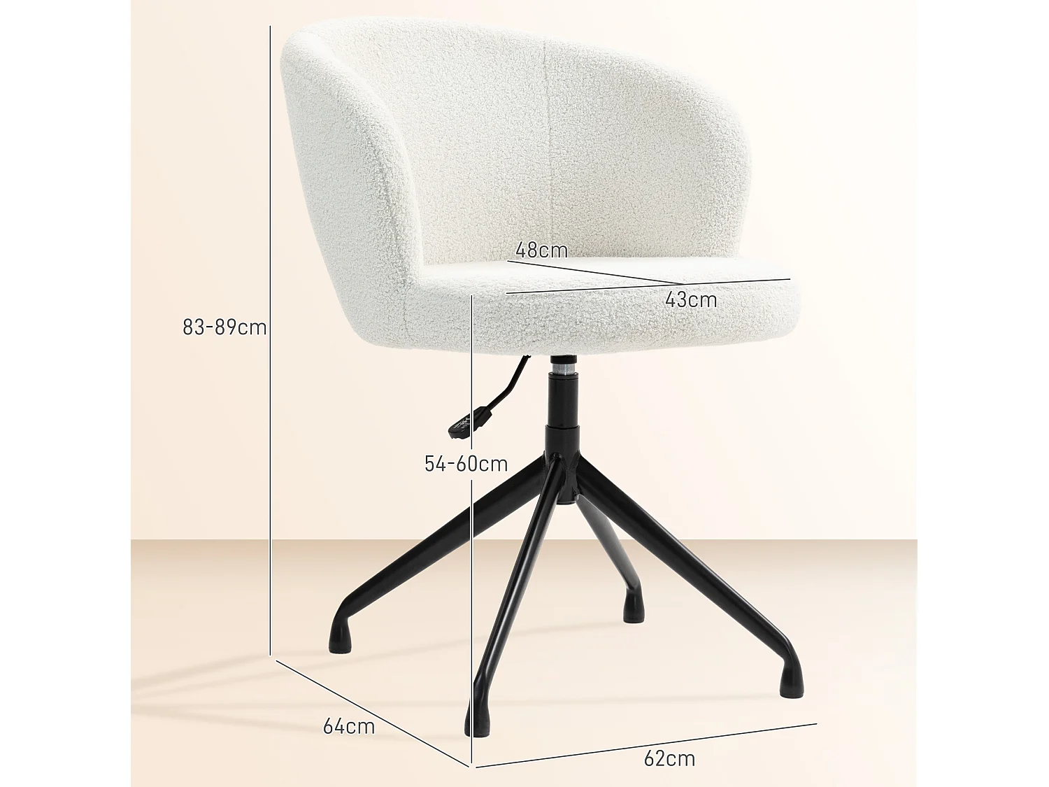 Chaise de bureau design - hauteur réglable, pivotante - piètement acier noir revêtement effet laine bouclée