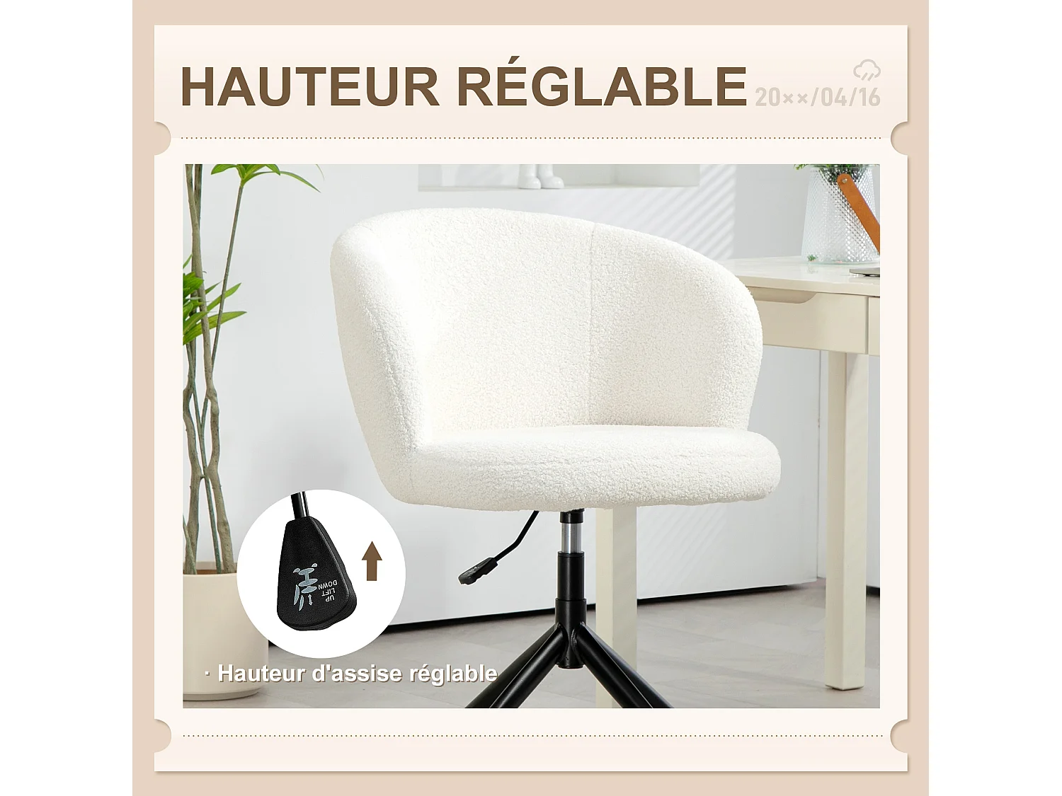 Chaise de bureau design - hauteur réglable, pivotante - piètement acier noir revêtement effet laine bouclée