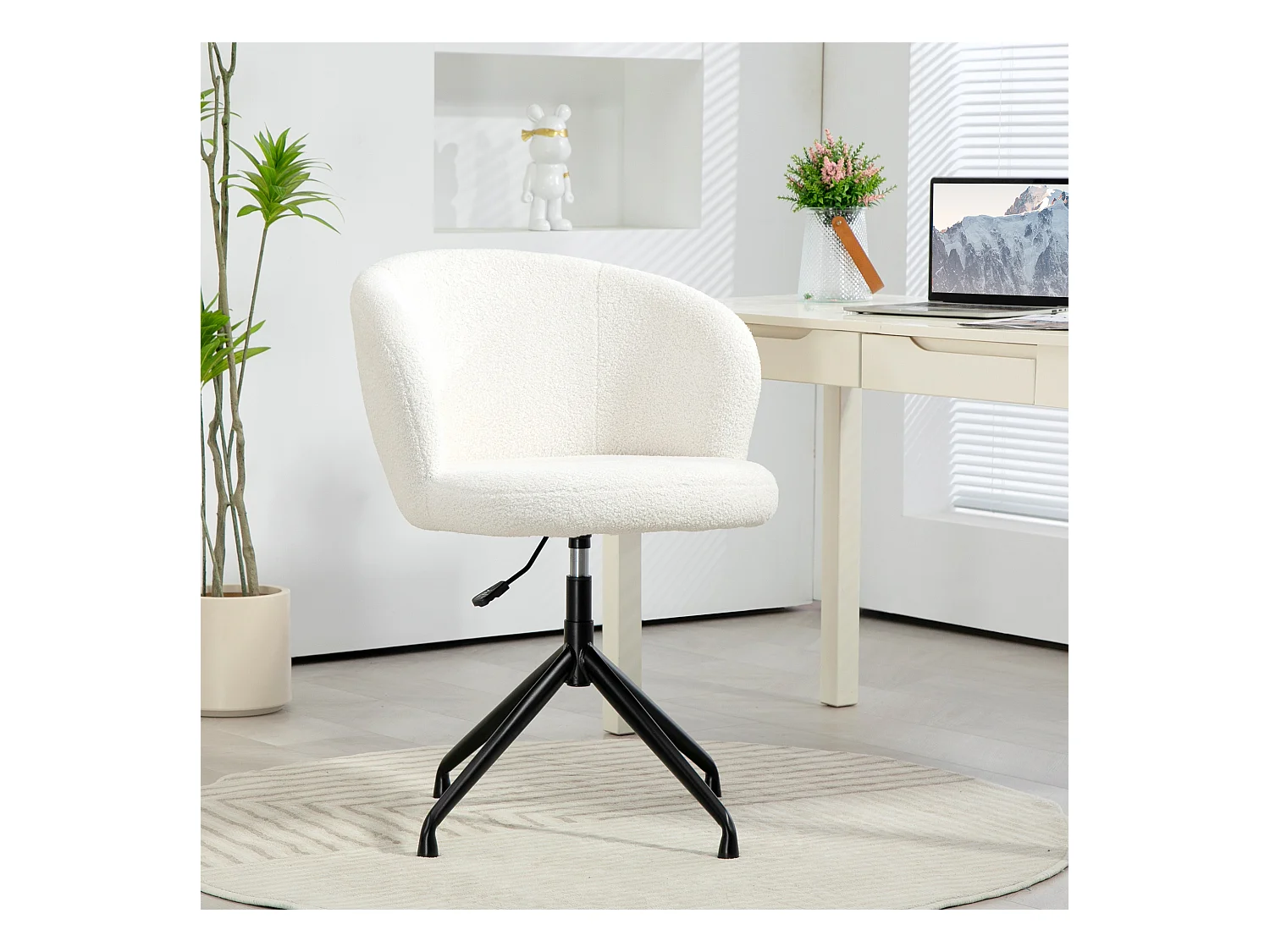 Chaise de bureau design - hauteur réglable, pivotante - piètement acier noir revêtement effet laine bouclée
