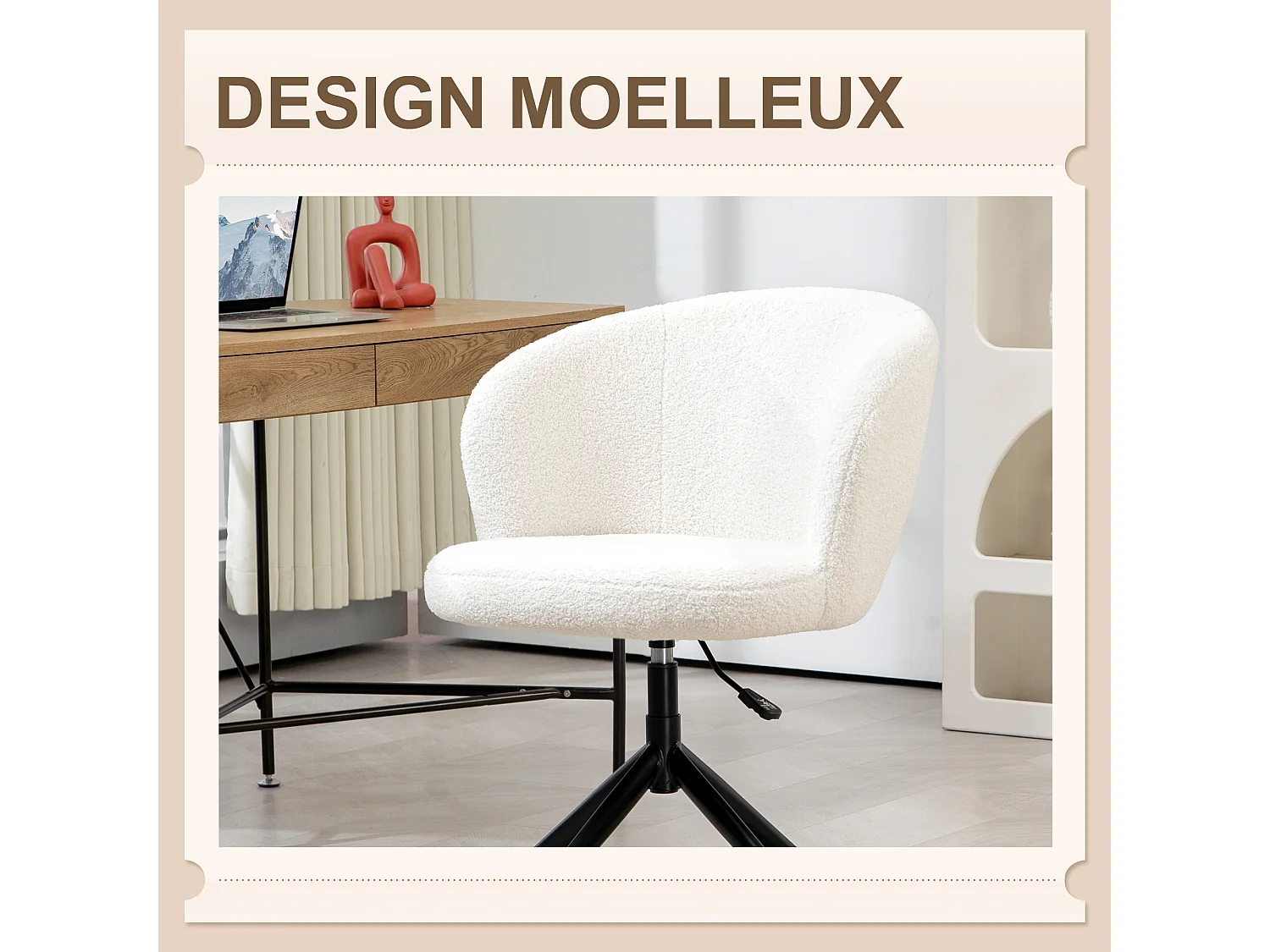Chaise de bureau design - hauteur réglable, pivotante - piètement acier noir revêtement effet laine bouclée