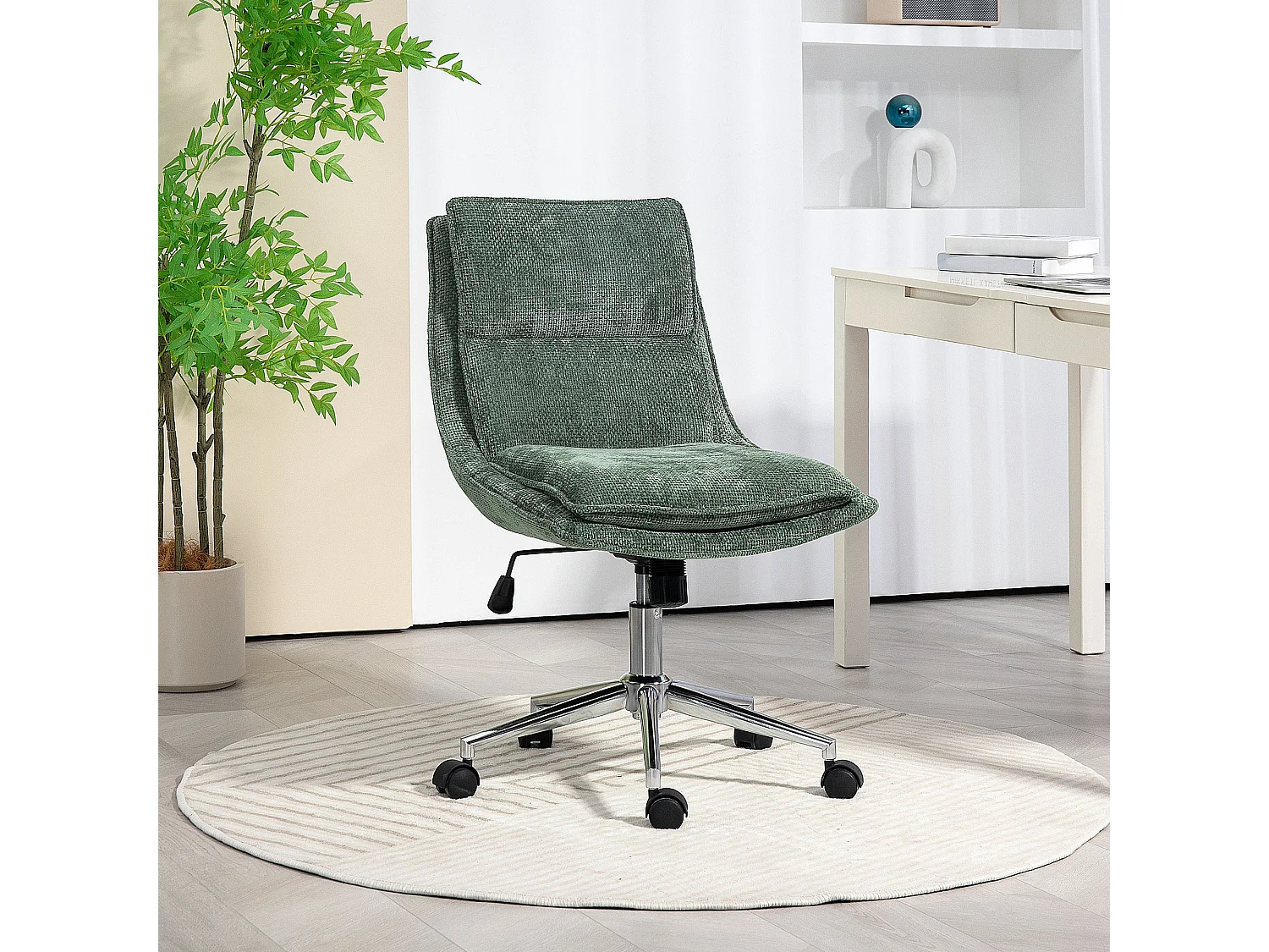 Chaise de bureau réglable pivotante piètement chromé tissu aspect lin vert