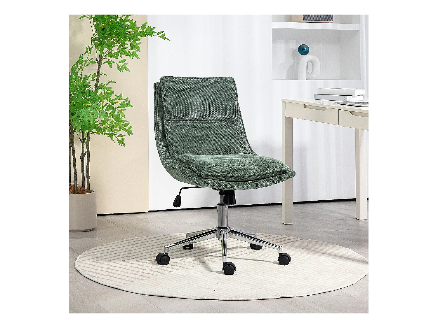 Chaise de bureau réglable pivotante piètement chromé tissu aspect lin vert