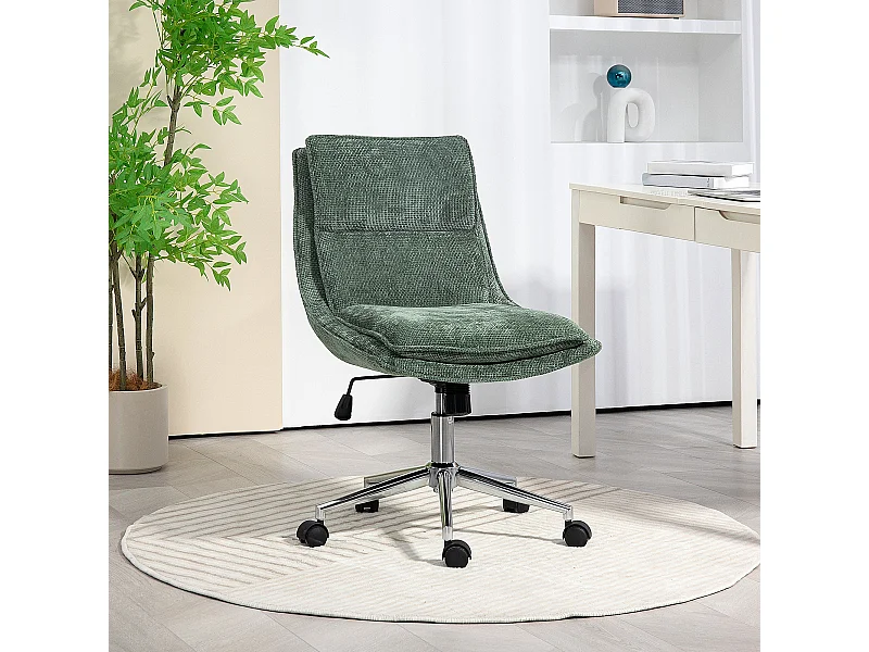 Chaise de bureau réglable pivotante piètement chromé tissu aspect lin vert