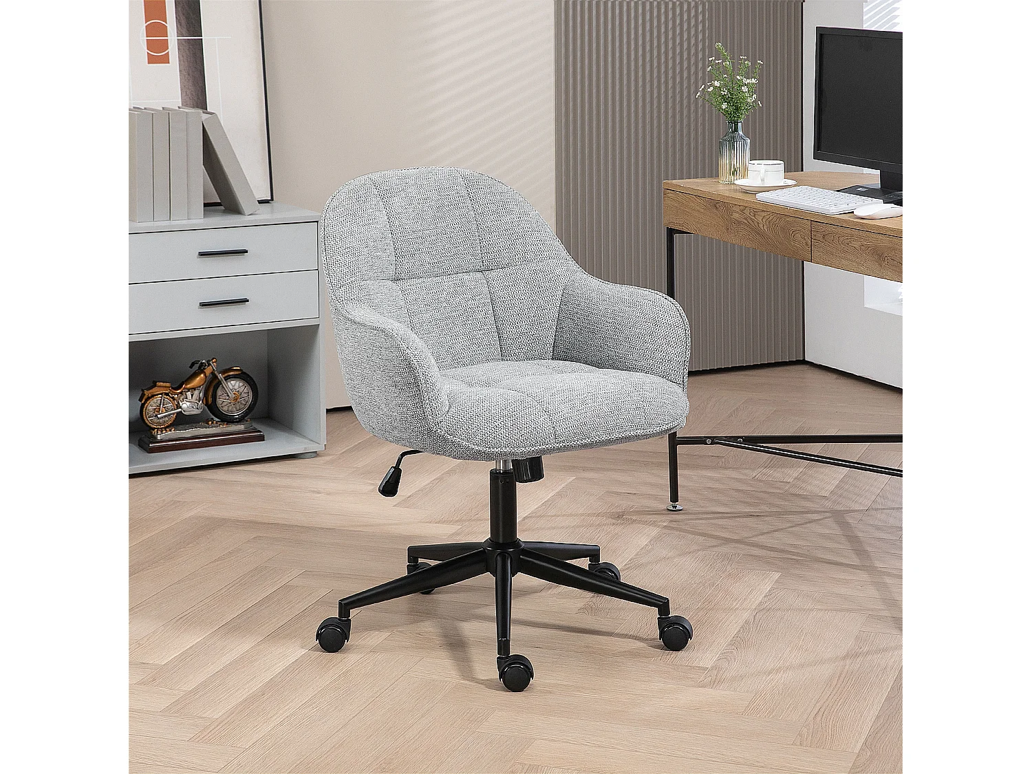 Chaise de bureau design Chesterfield dossier assise effet capitonnée hauteur réglable pivotante métal noir tissu gris