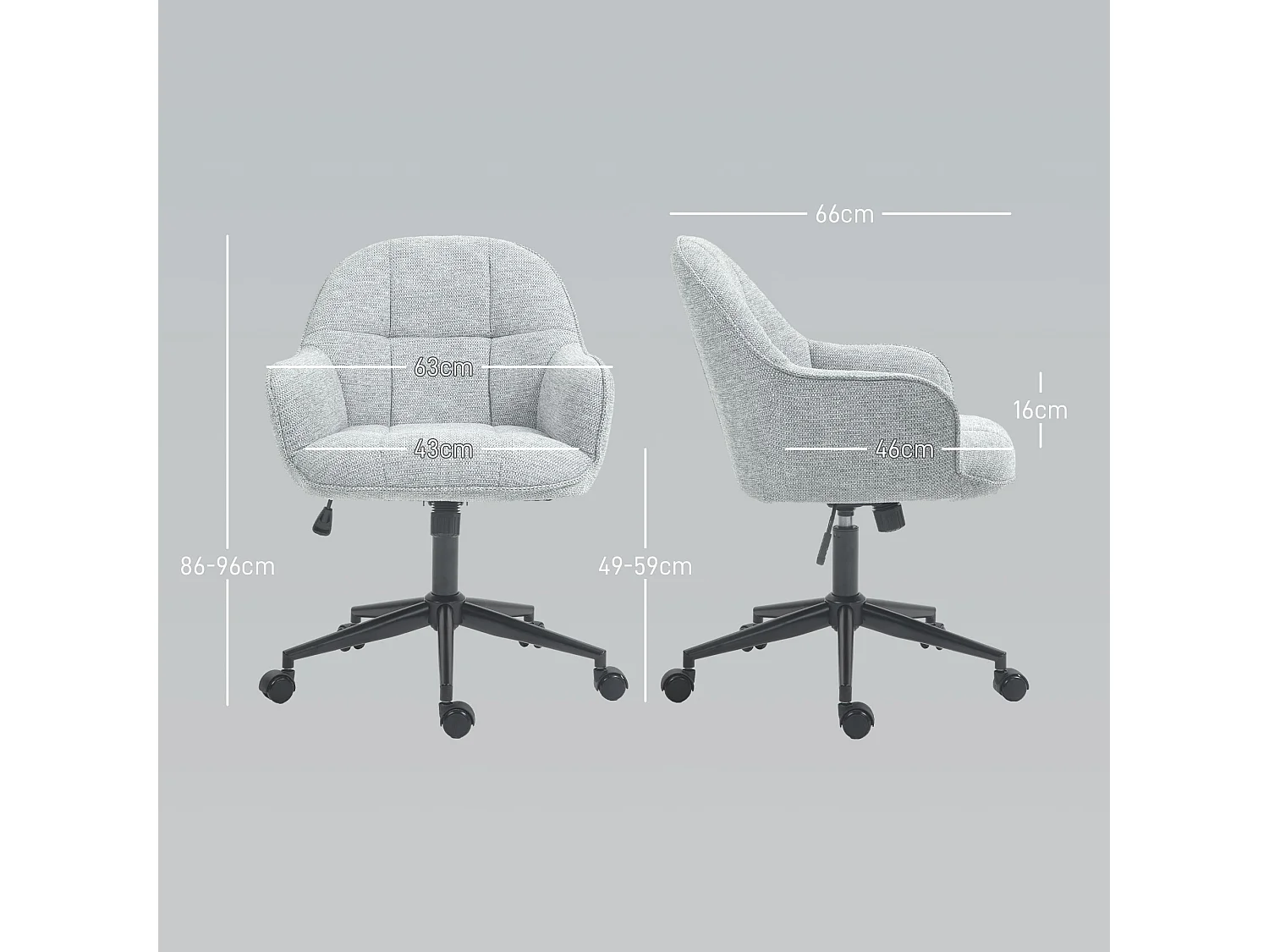 Chaise de bureau design Chesterfield dossier assise effet capitonnée hauteur réglable pivotante métal noir tissu gris