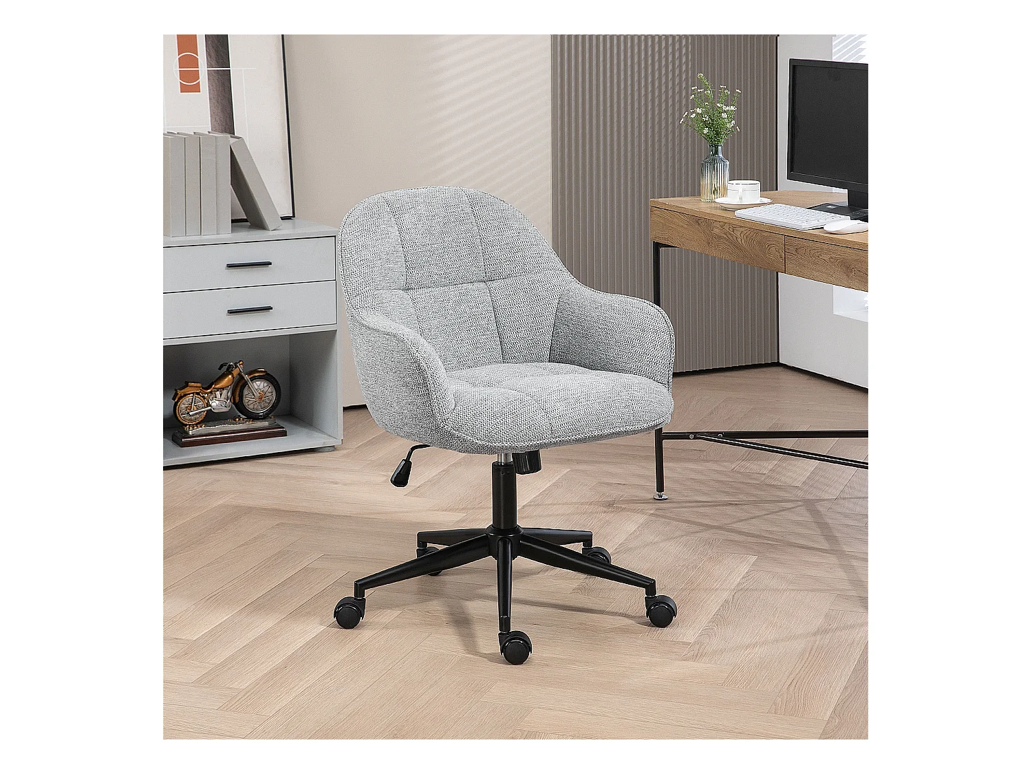 Chaise de bureau design Chesterfield dossier assise effet capitonnée hauteur réglable pivotante métal noir tissu gris